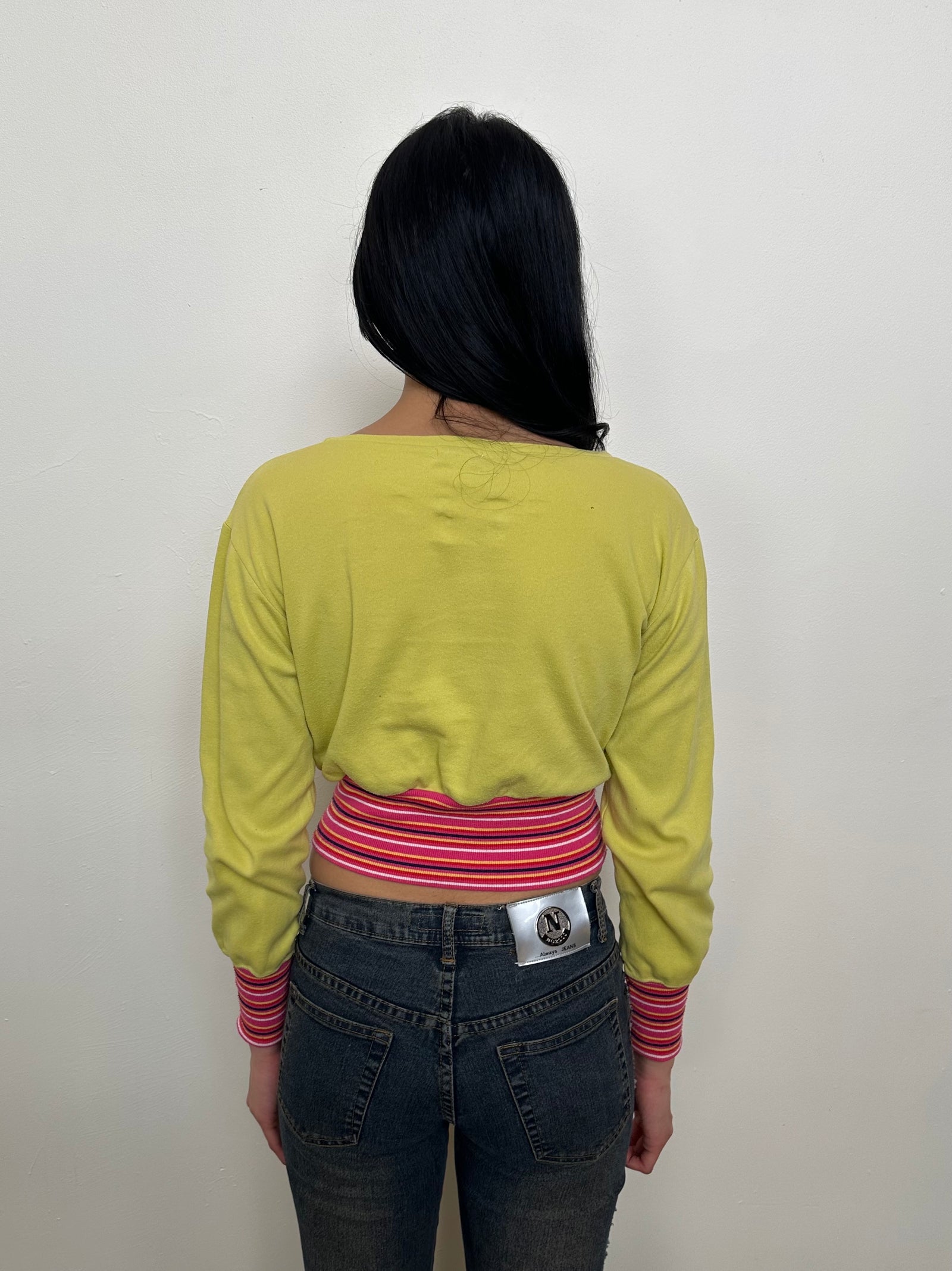 Yellow Distressed Graphic Cropped Long Sleeve - Size S
