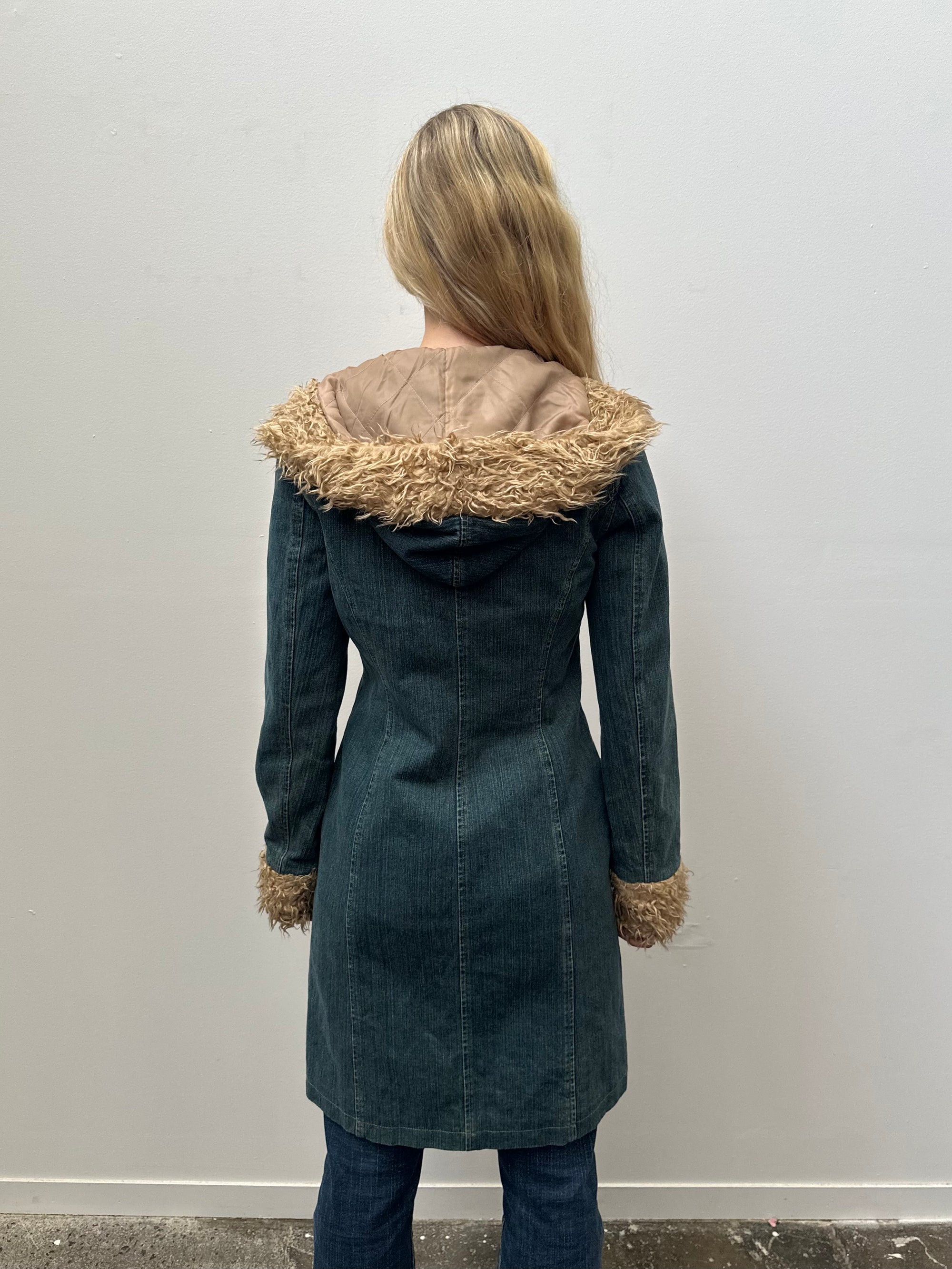 Denim Faux Fur Trimmed Hooded Jacket - Size S