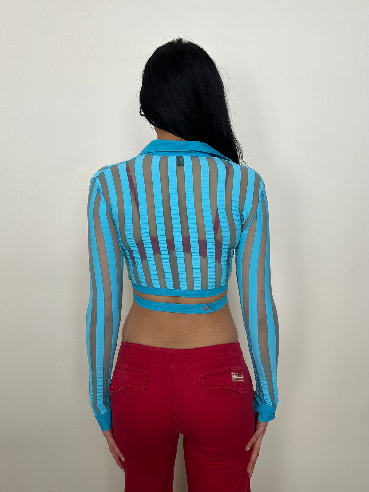 Turquoise Stripe Mesh Cropped Shirt - Size XS