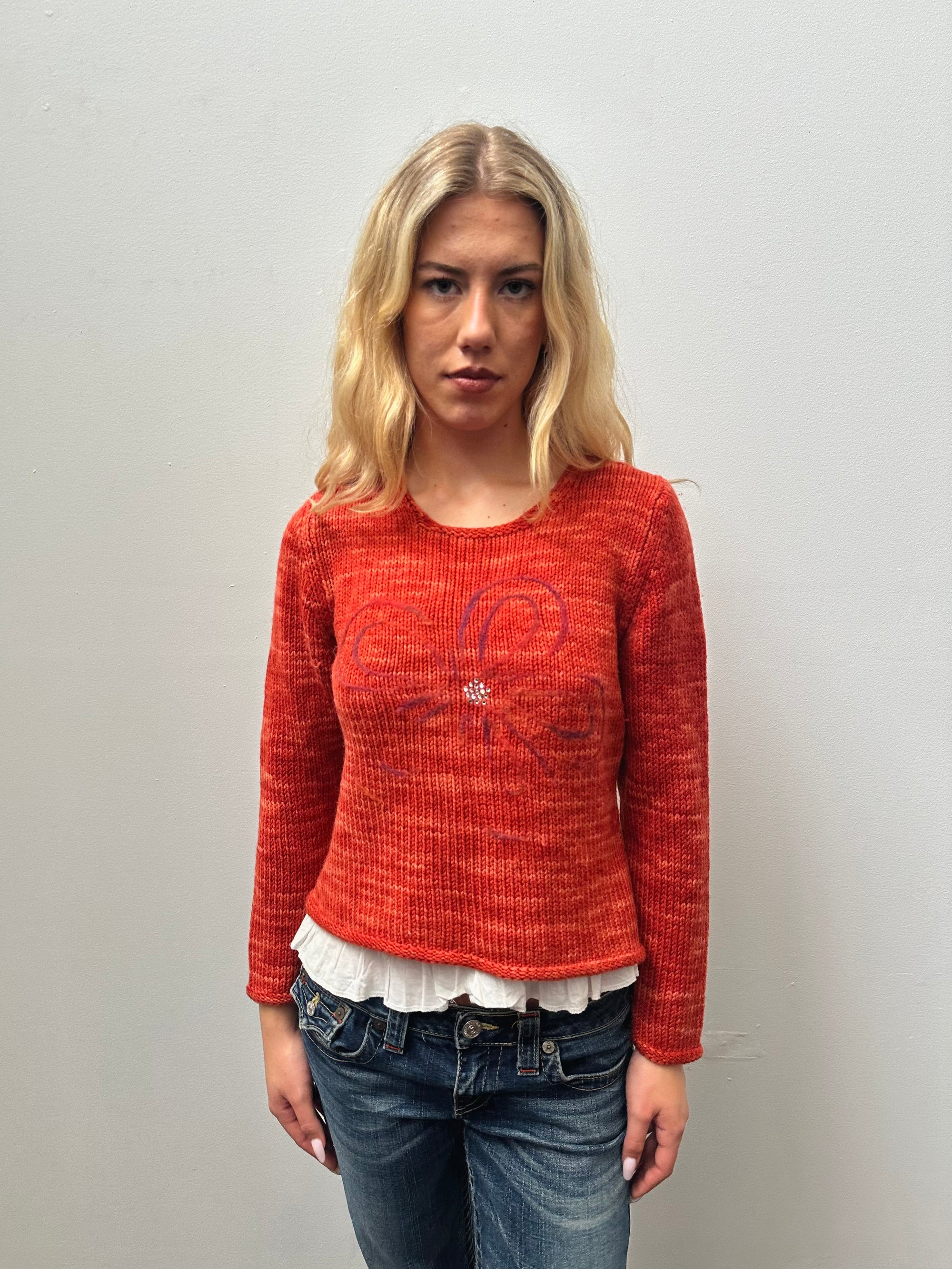 Orange Flower Print Knitted Jumper - Size M