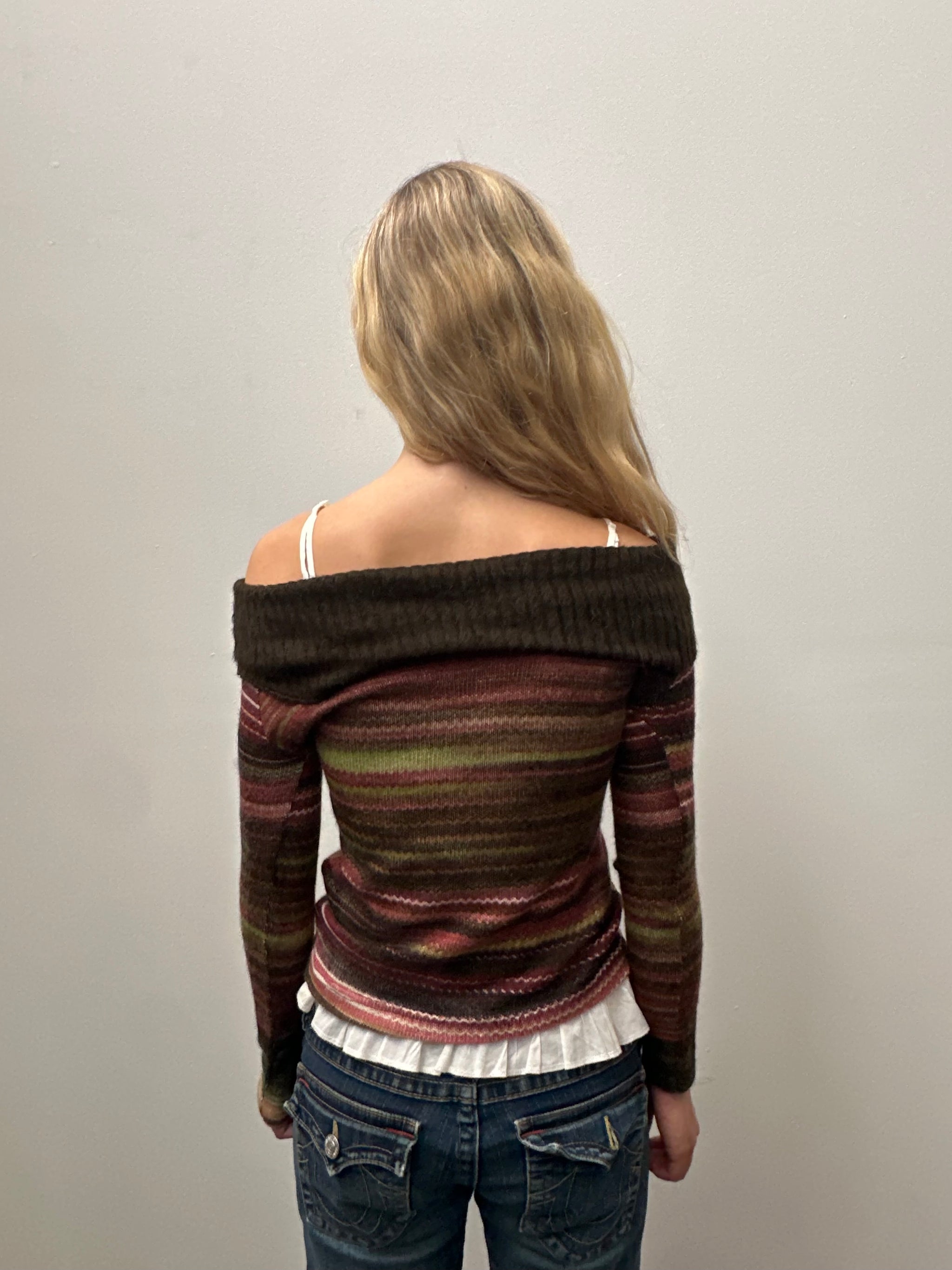 Brown Stripped Knit Off the Shoulder Top - Size S