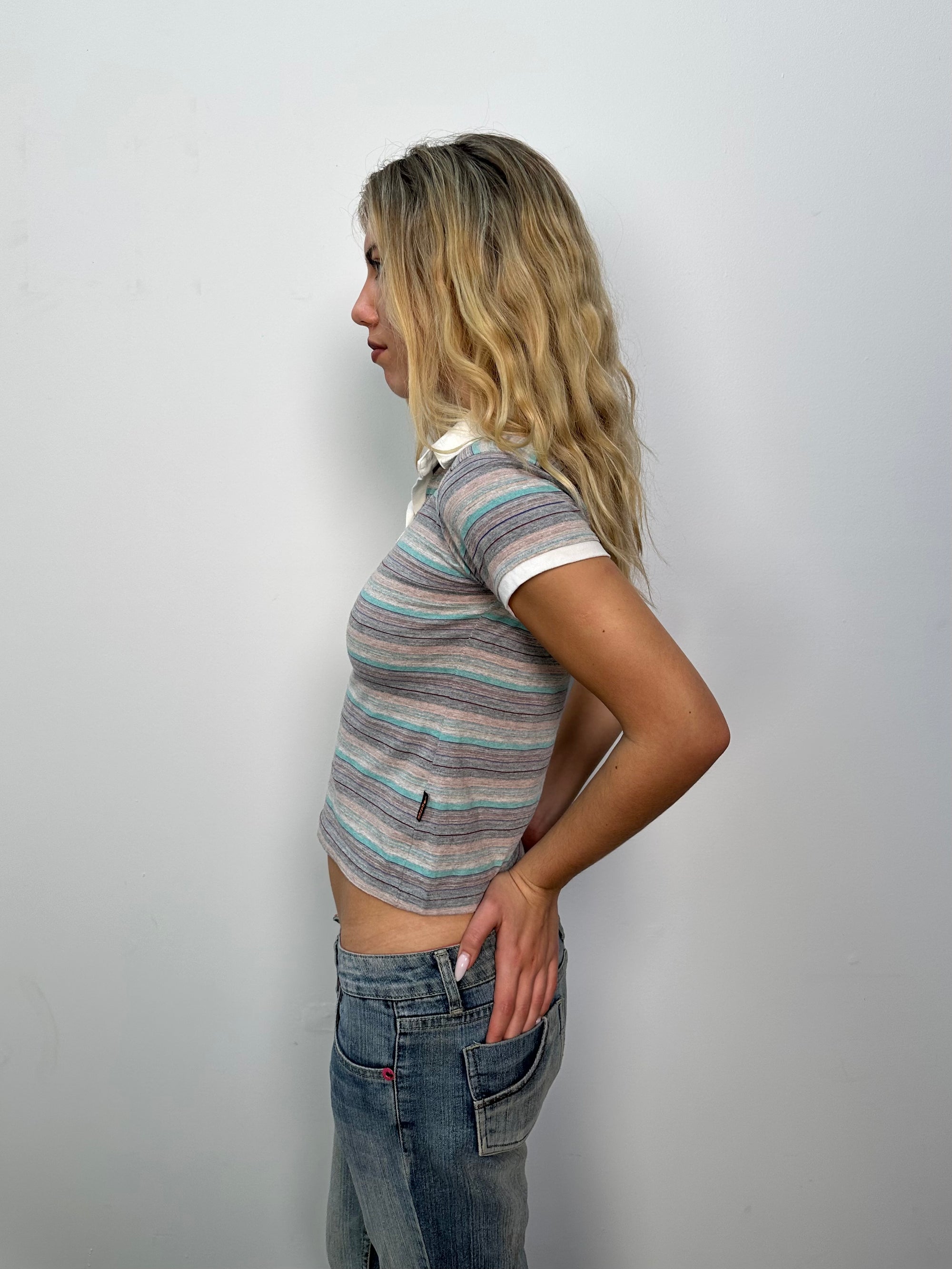 Grey & Blue Stripe Collared T-Shirt - Size S