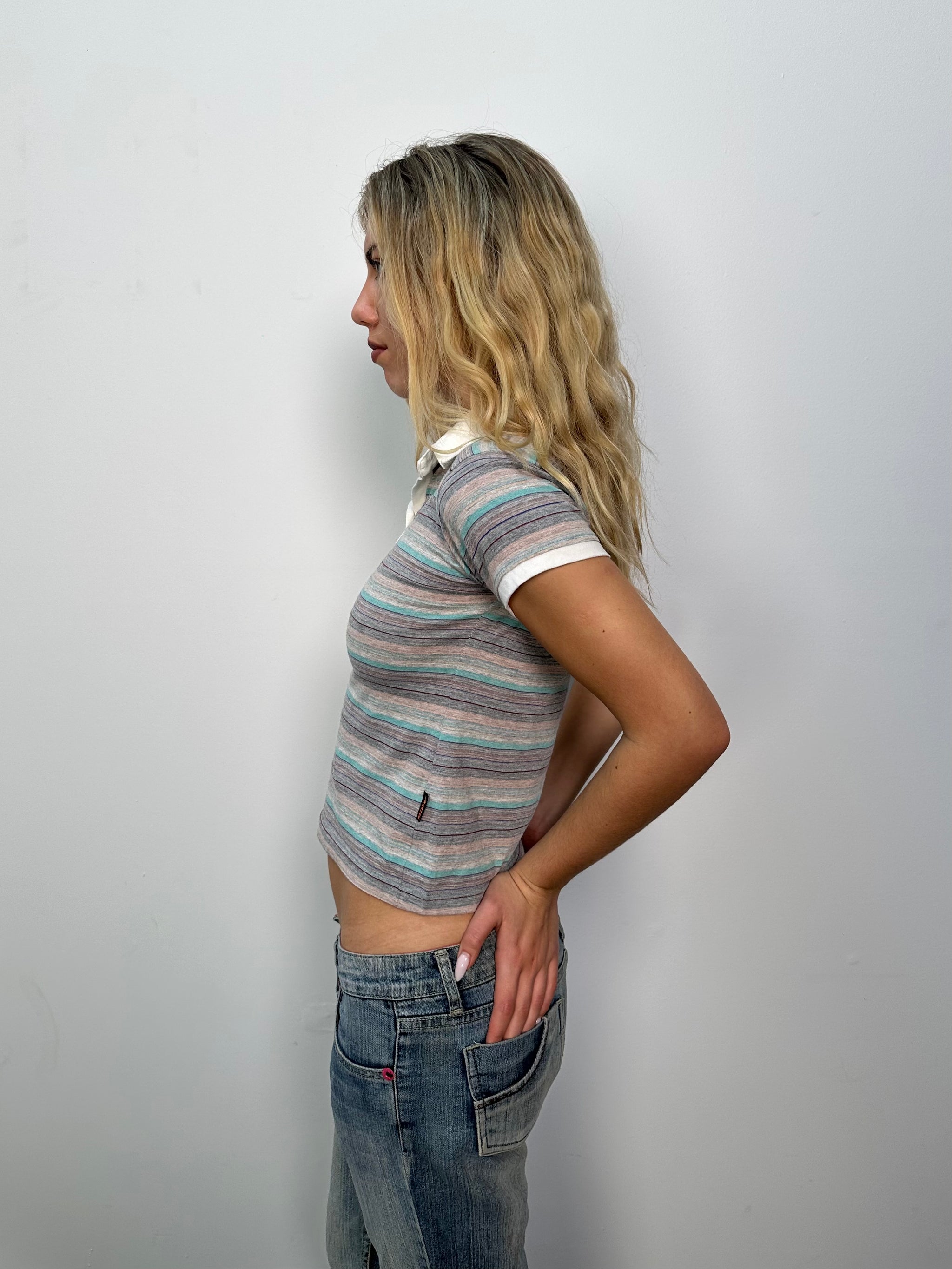 Grey & Blue Stripe Collared T-Shirt - Size S
