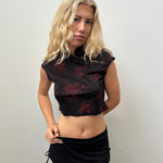 Black & Red Oriental Collar Crop Top - Size M