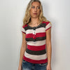 Red & White Stripe Button Up T-Shirt - Size S