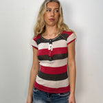 Red & White Stripe Button Up T-Shirt - Size S