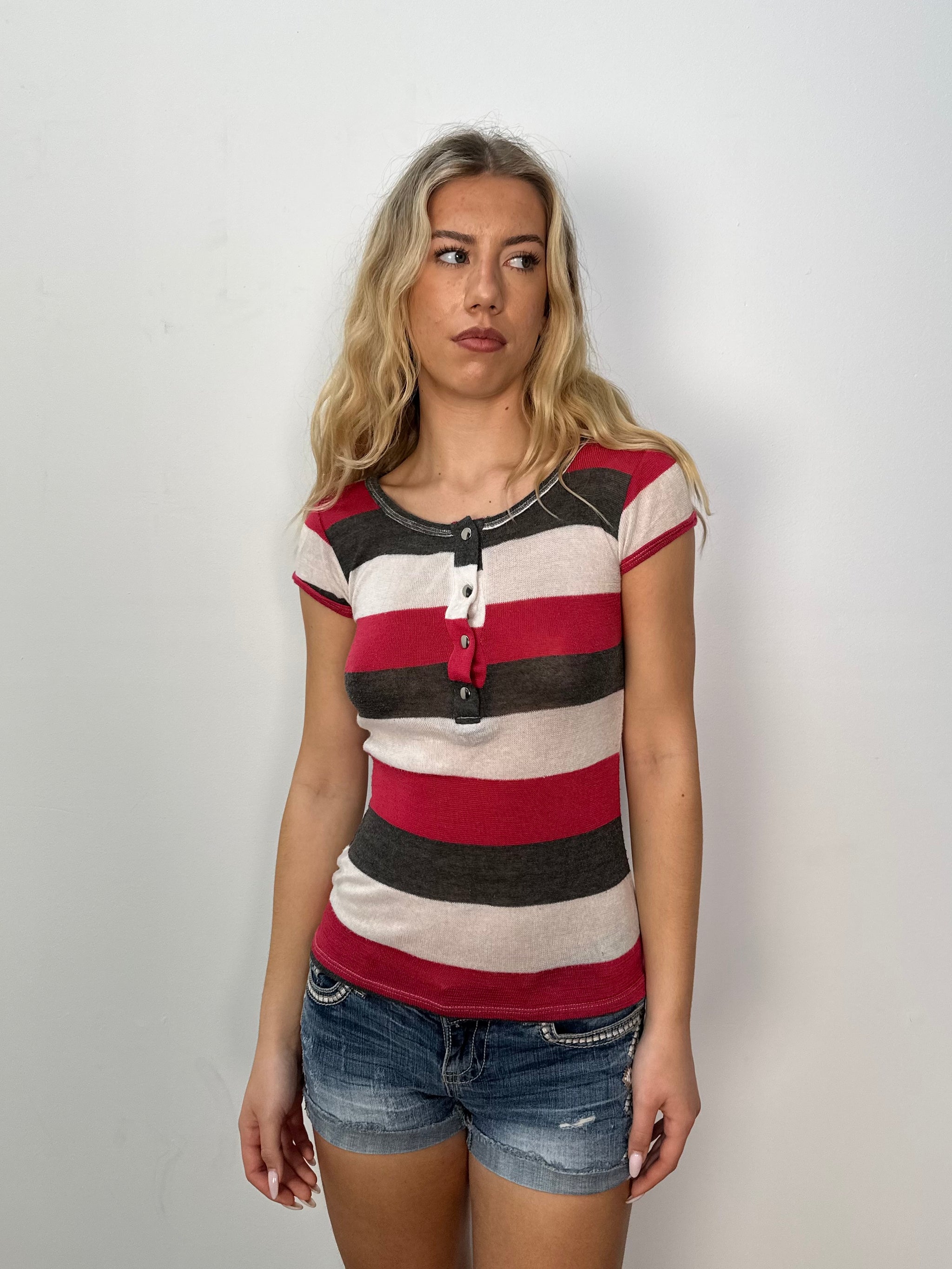 Red & White Stripe Button Up T-Shirt - Size S
