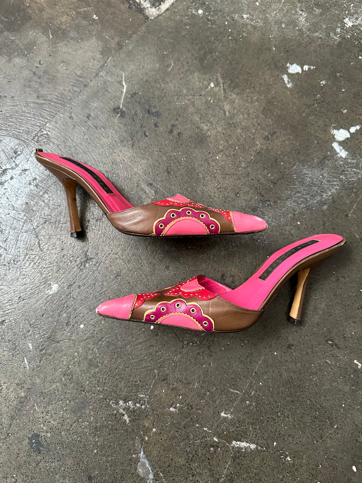Pink & Brown Embossed Pattern Leather Kitten Heels - Size EU 36
