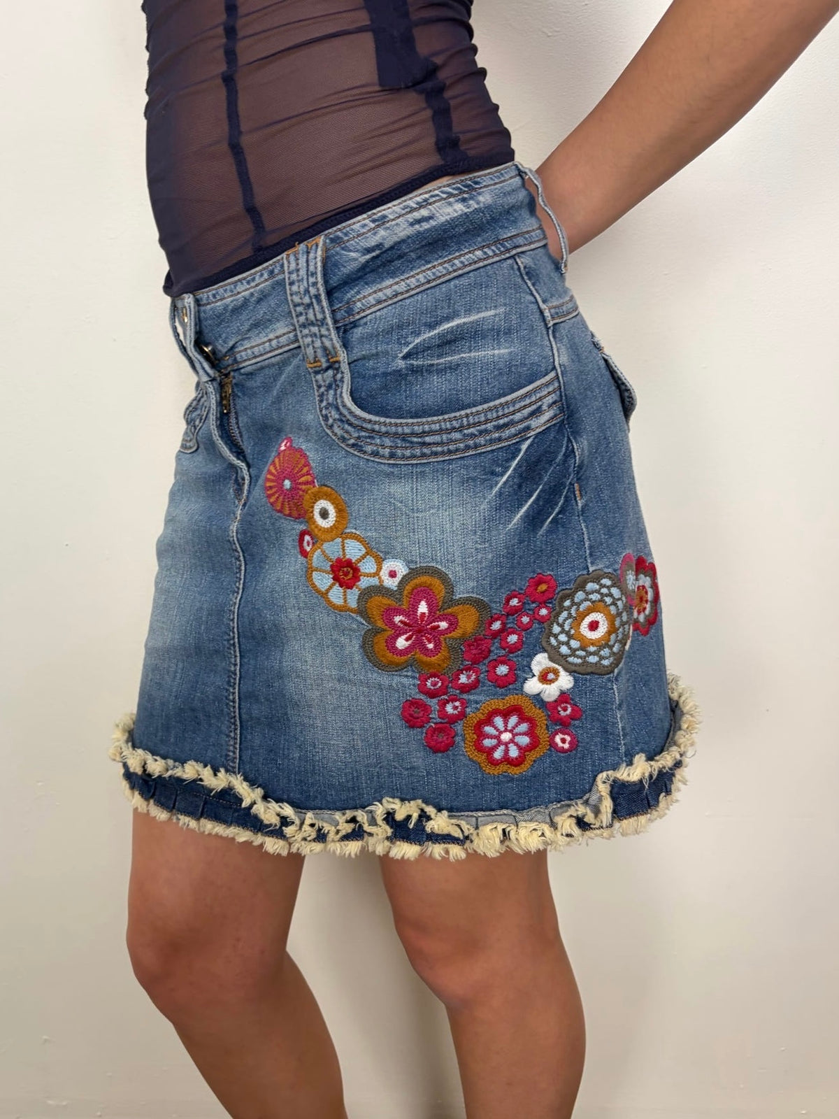 Moschino Floral Embroidered Denim Mini Skirt- Size S