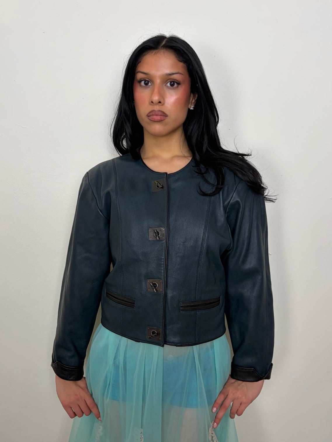 Teal Oversized Shape Leather Jacket - Size L
