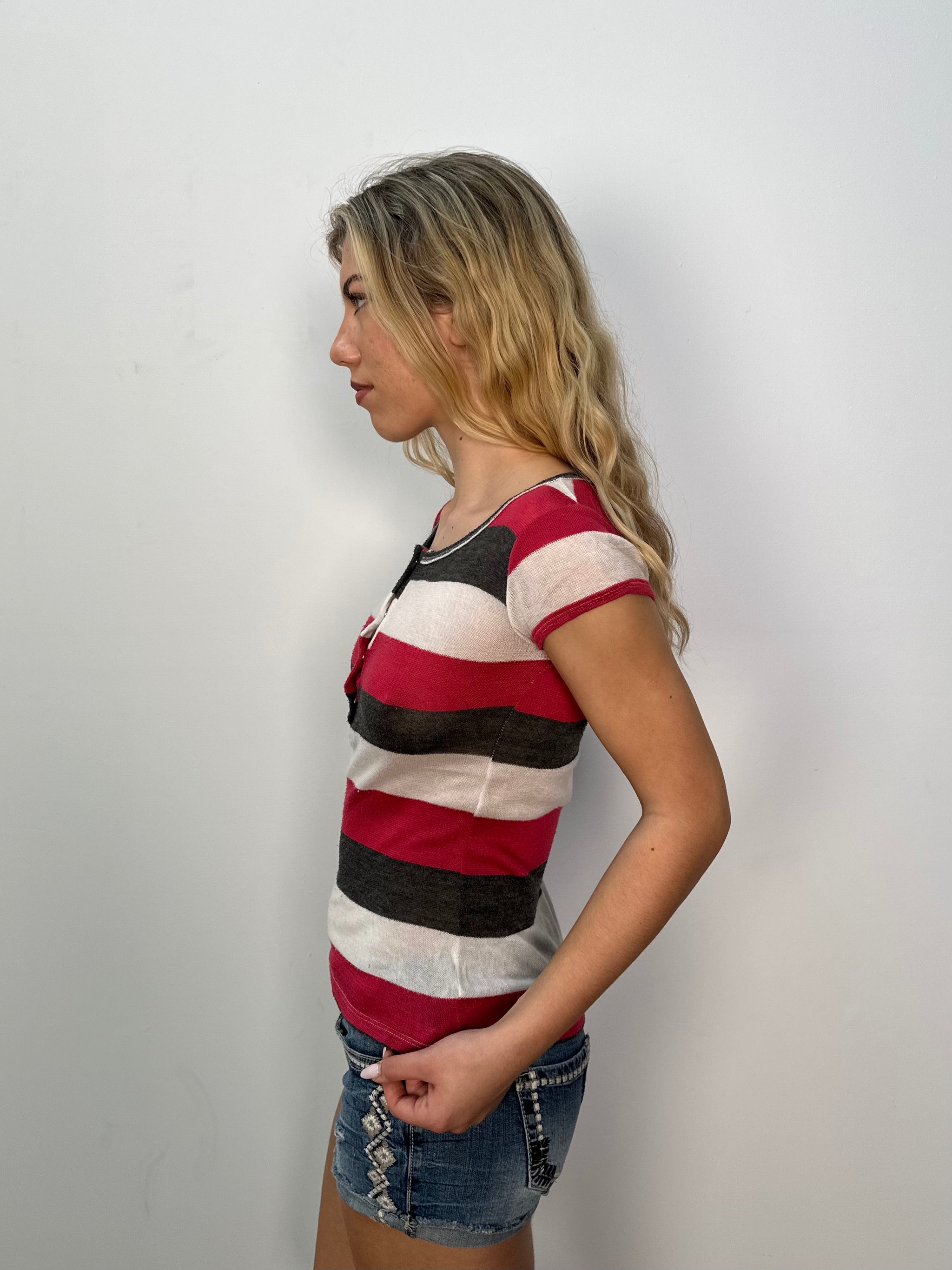 Red & White Stripe Button Up T-Shirt - Size S