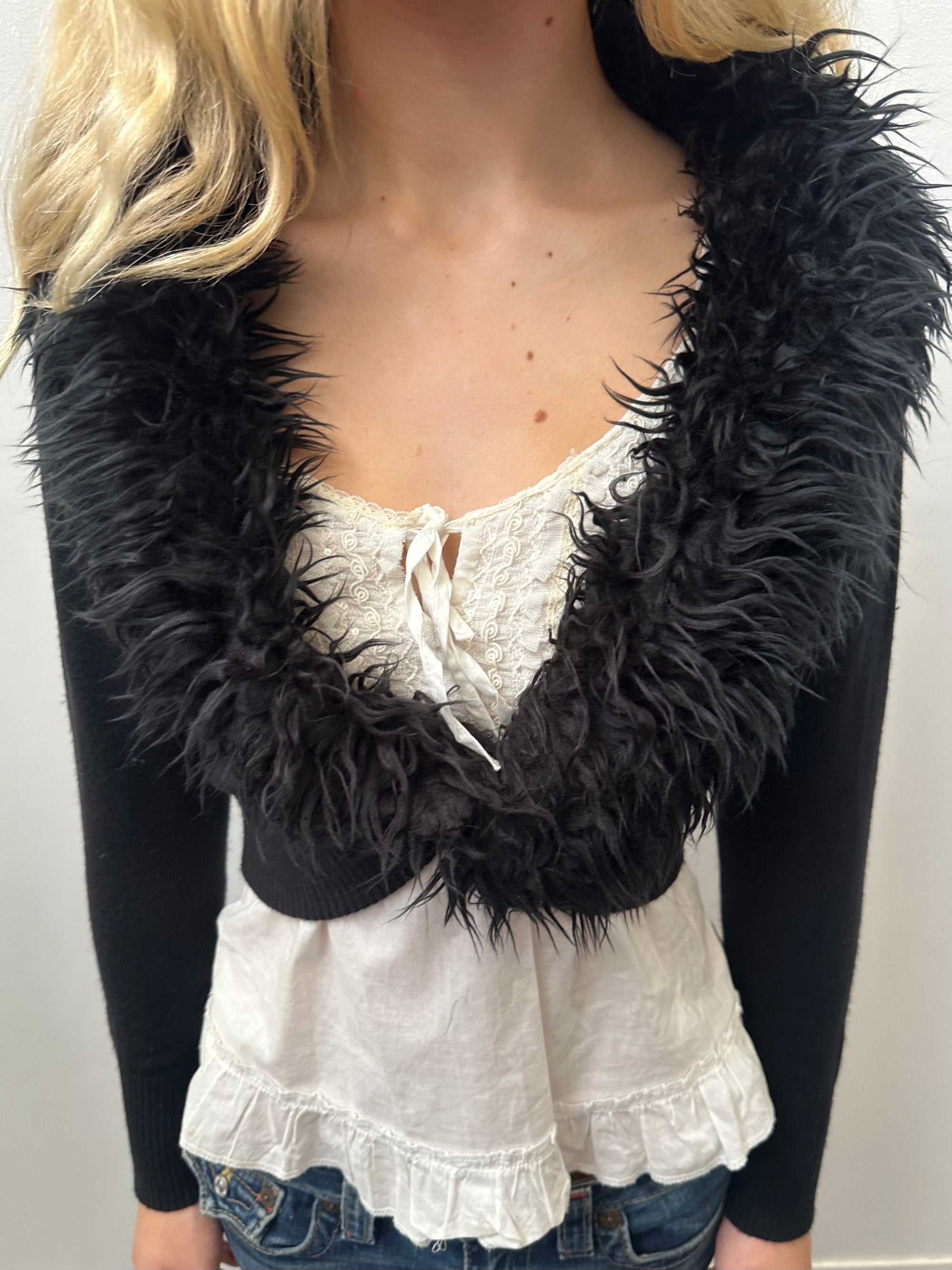 Black Faux Fur Collar Bolero Cardigan - Size S