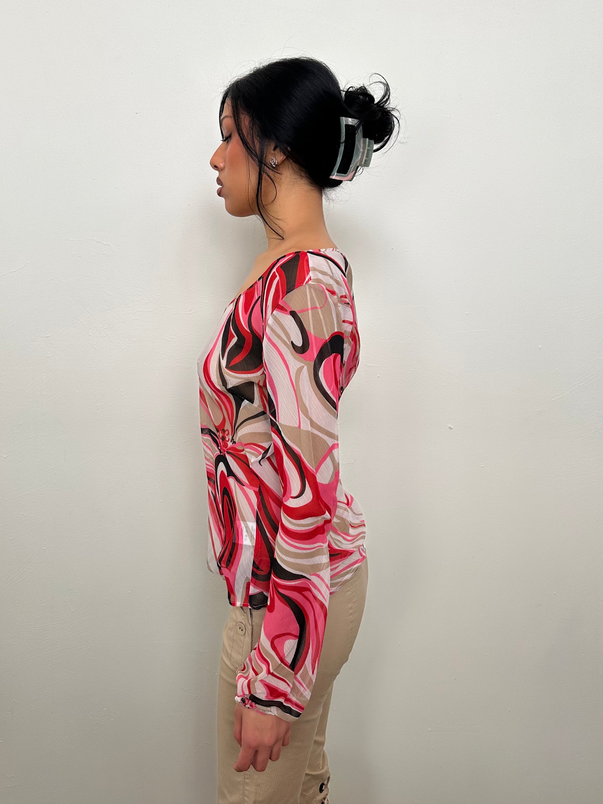 Pink Abstract Swirl Pattern Sheer Blouse - Size 14