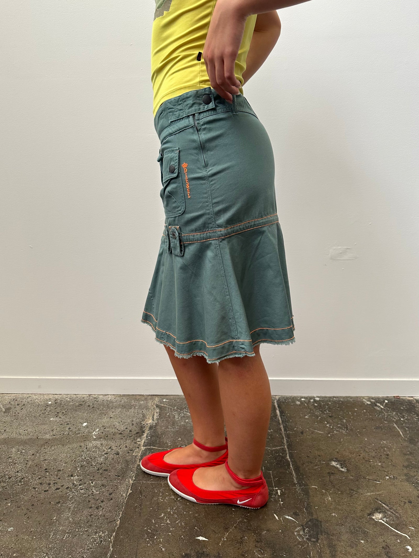 00s Diesel Green Cargo Midi Skirt - Size S