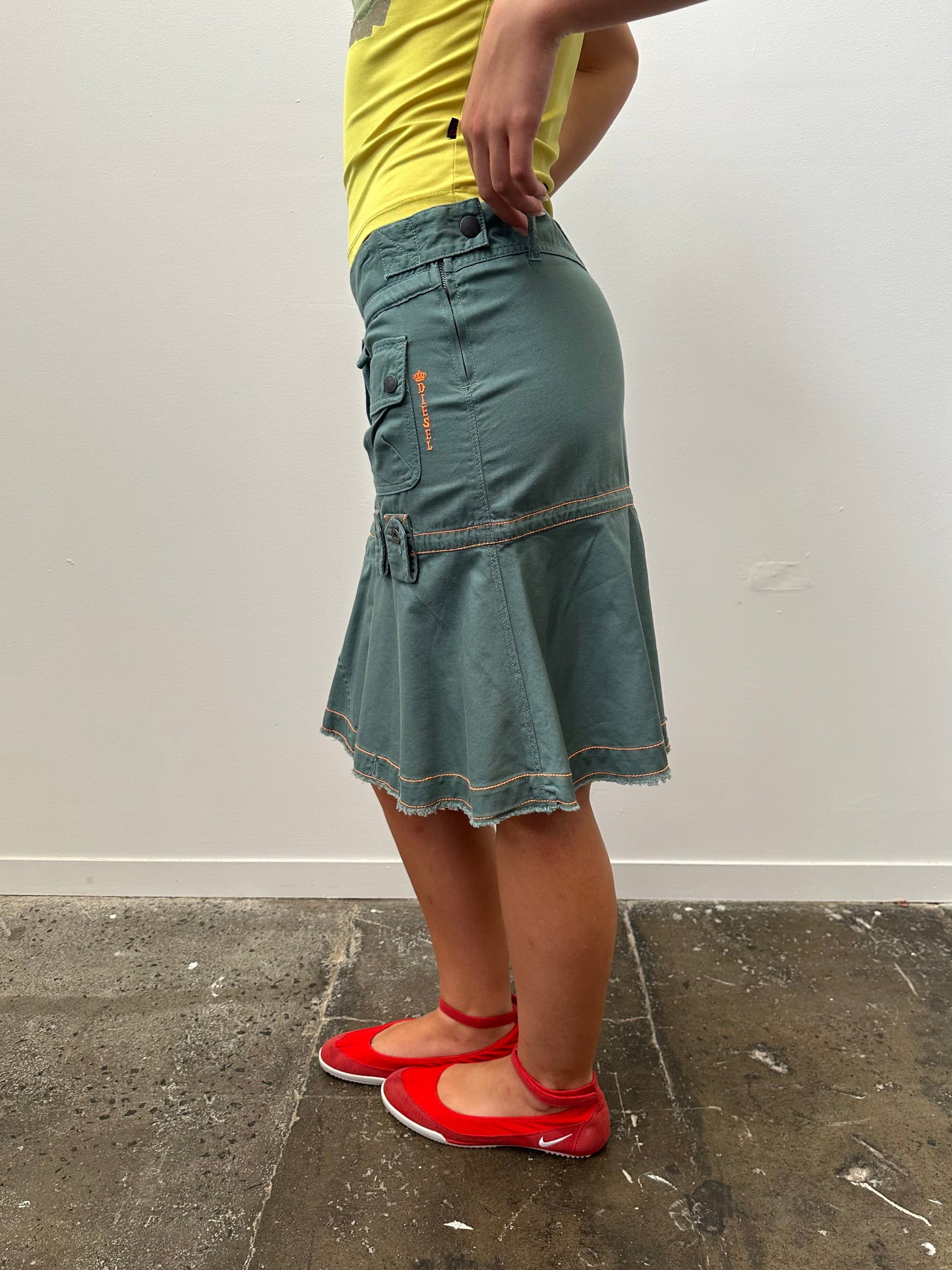 00s Diesel Green Cargo Midi Skirt - Size S