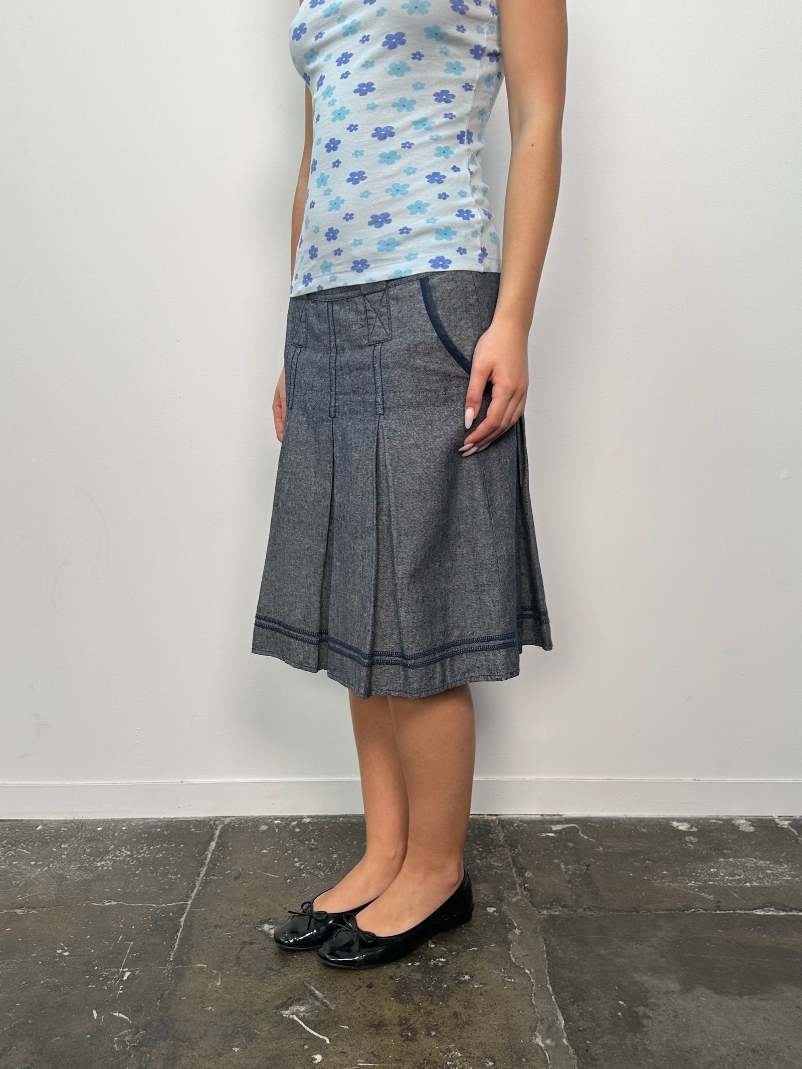 Grey Blue Contrast Stitch Pleated Midi Skirt - Size M