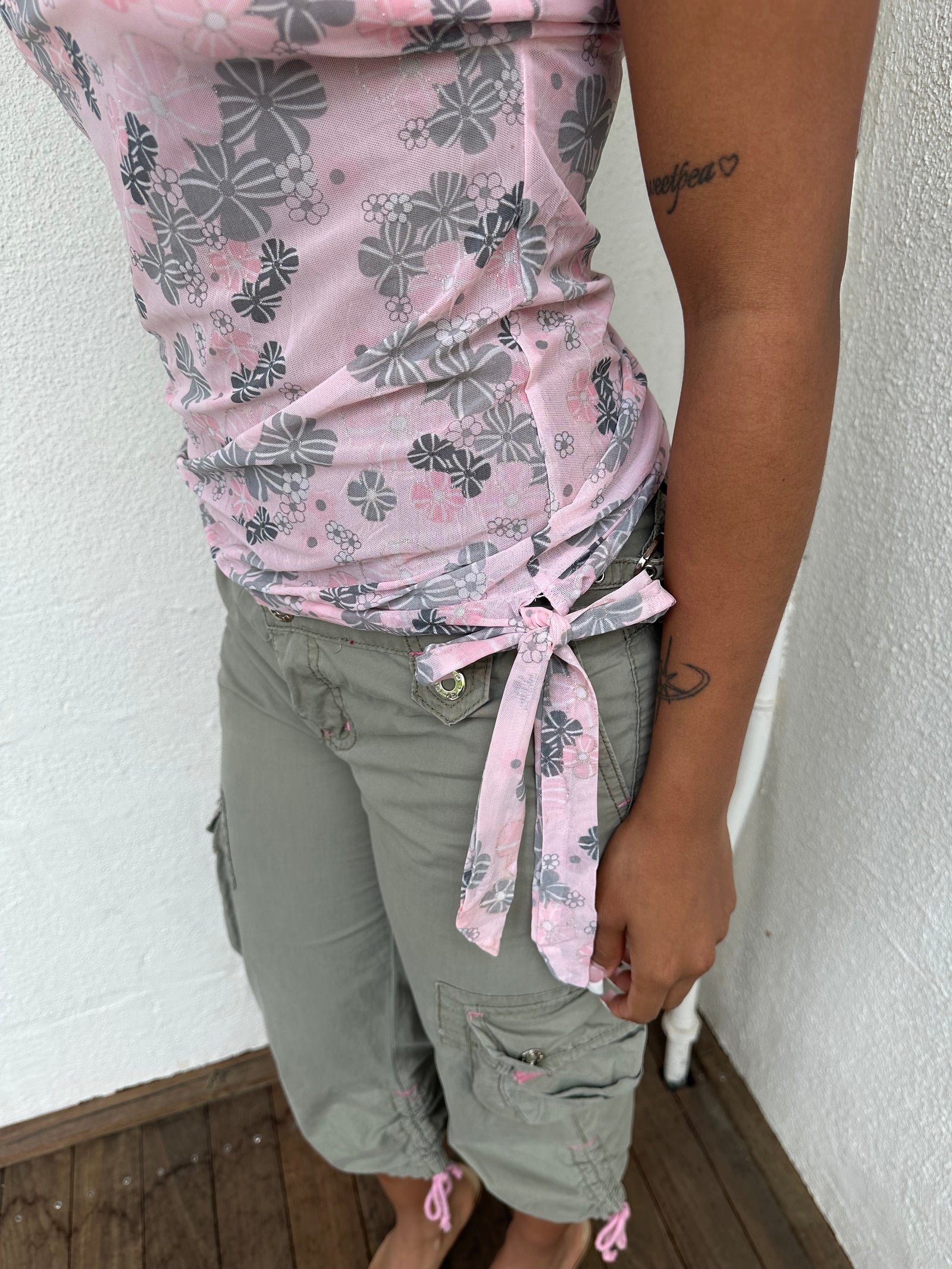 Baby pink & Grey Floral Mesh Cami Top
