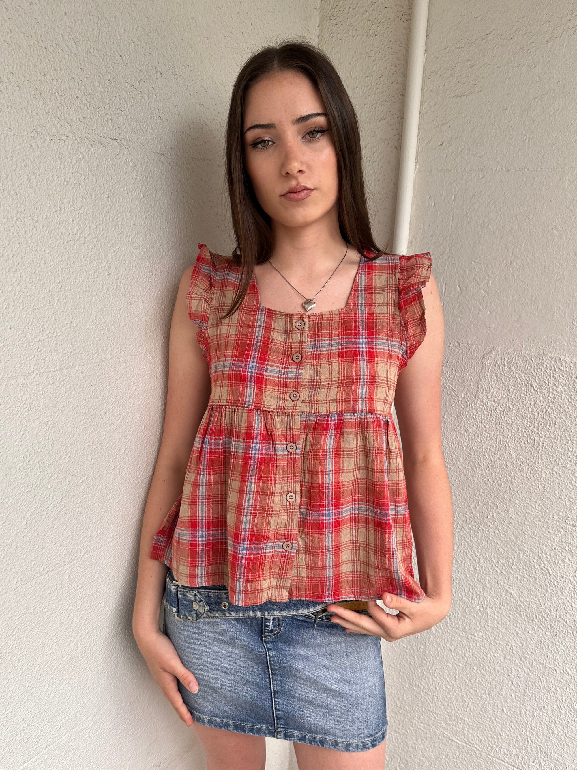 Red Button-Up Tartan Tunic