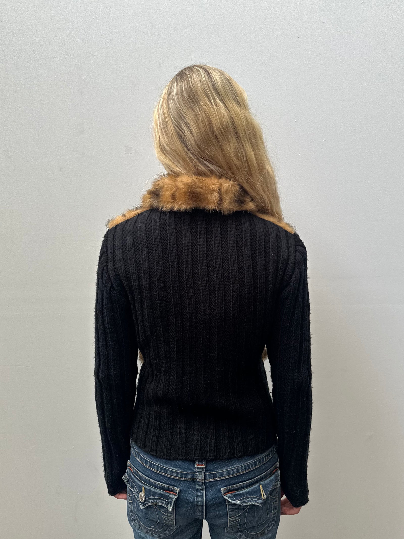 Brown Faux Fur & Black Ribbed Zip Up - Size M