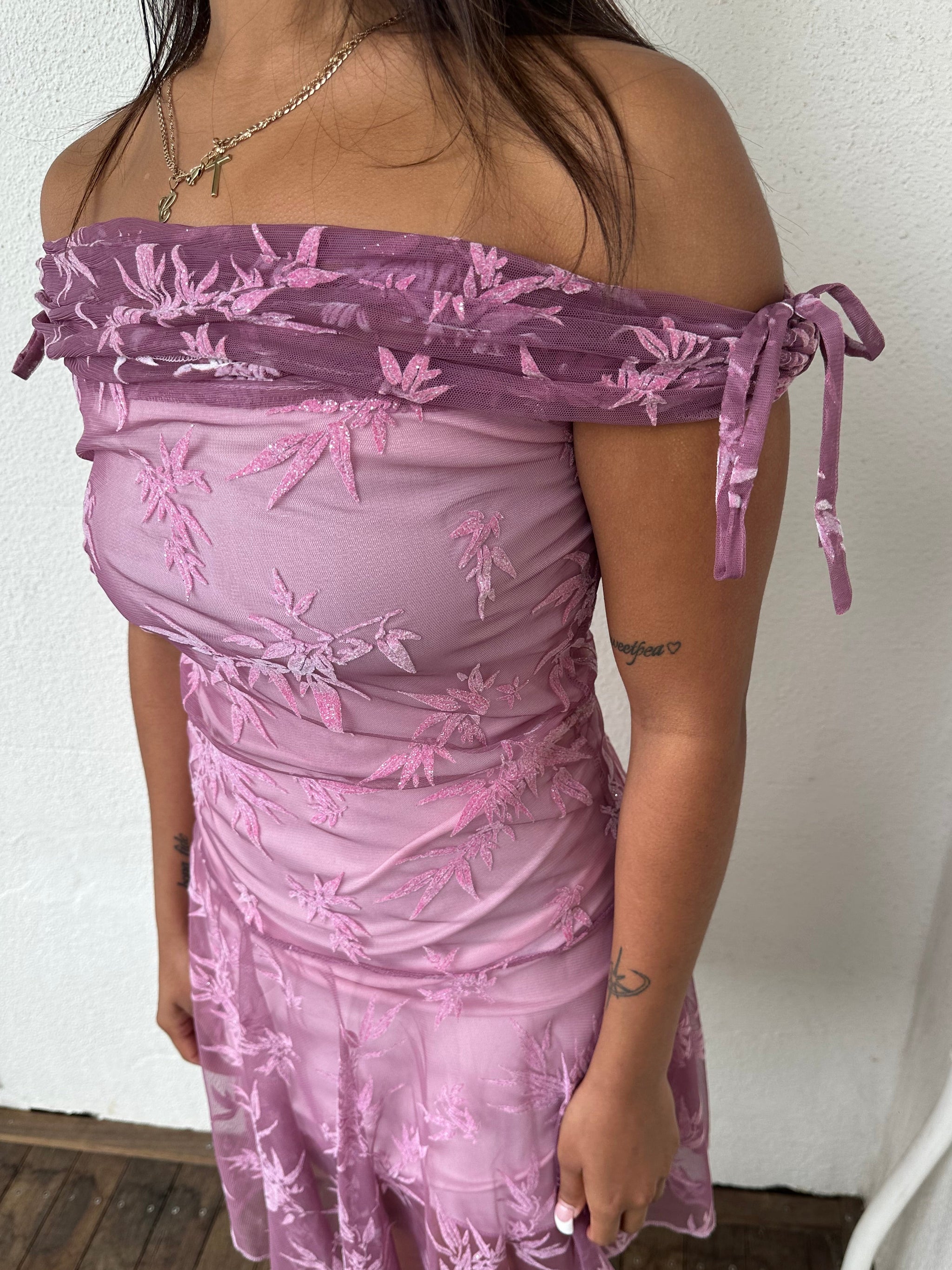 Pink Sparkly Off The Shoulder Dress