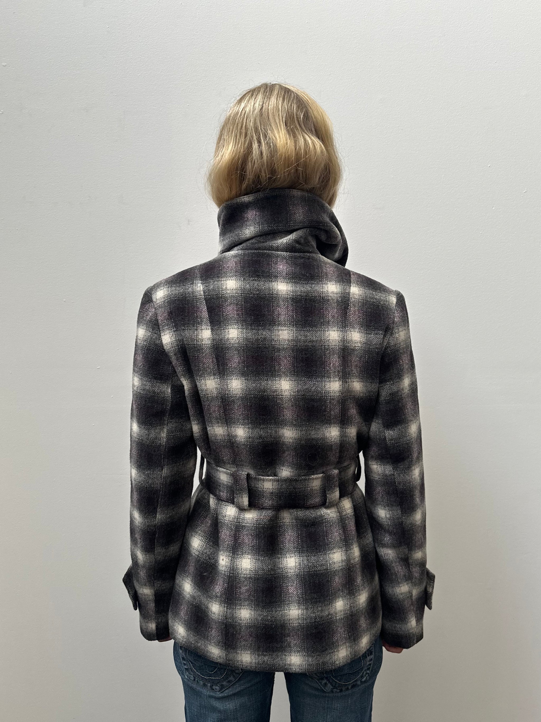 Purple & Black Tartan Funnel Neck Jacket - Size L