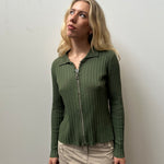 Green Ribbed Rhinestone Zip Up Shirt - Size M