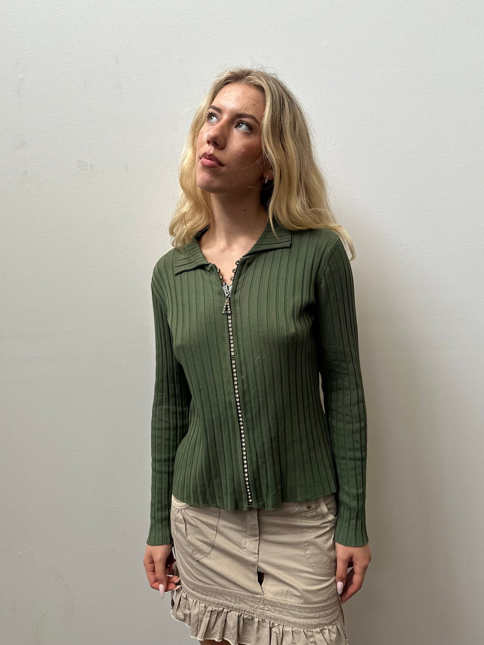 Green Ribbed Rhinestone Zip Up Shirt - Size M