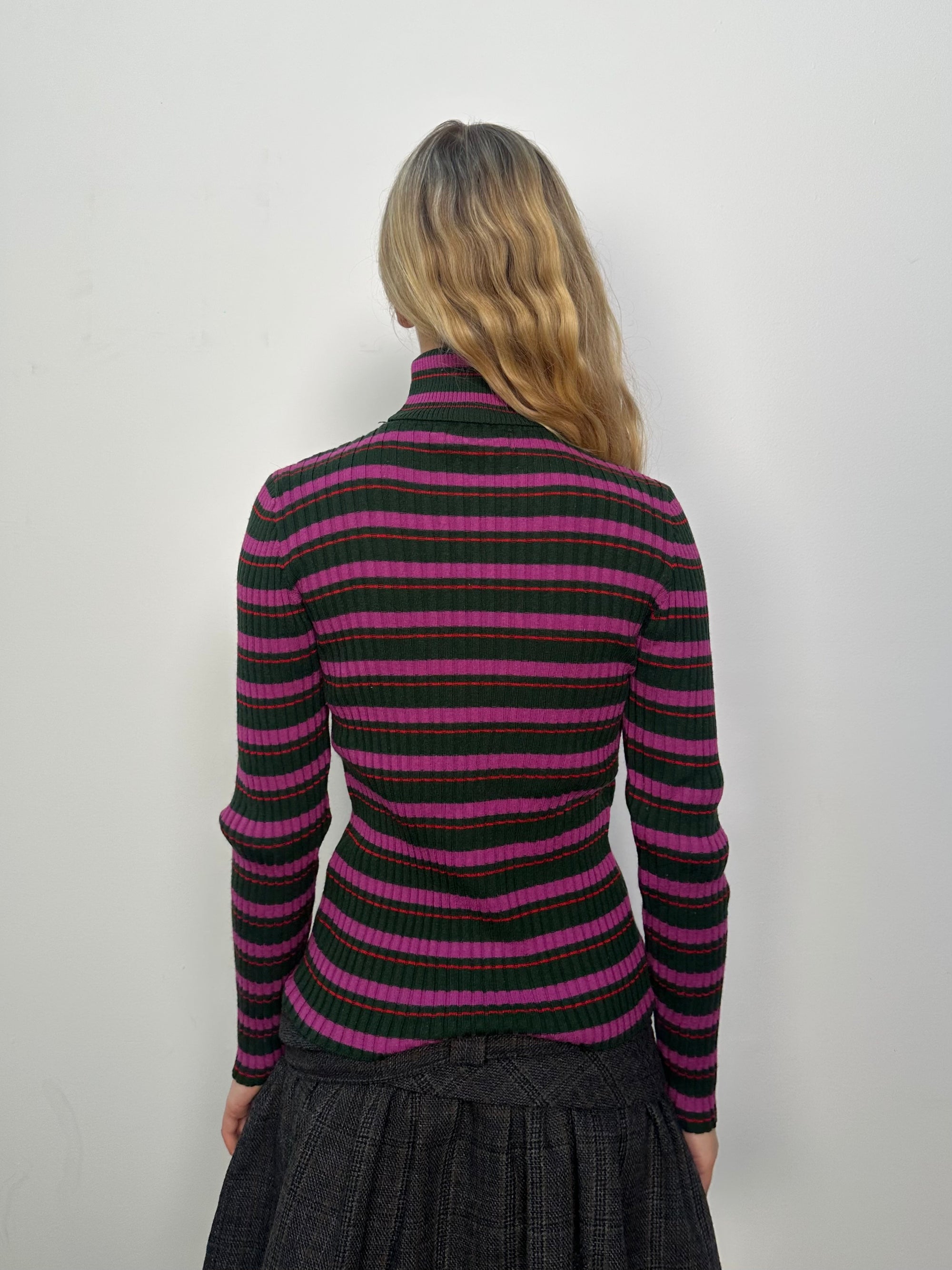 Pink & Khaki Stripe Ribbed Turtleneck - Size M