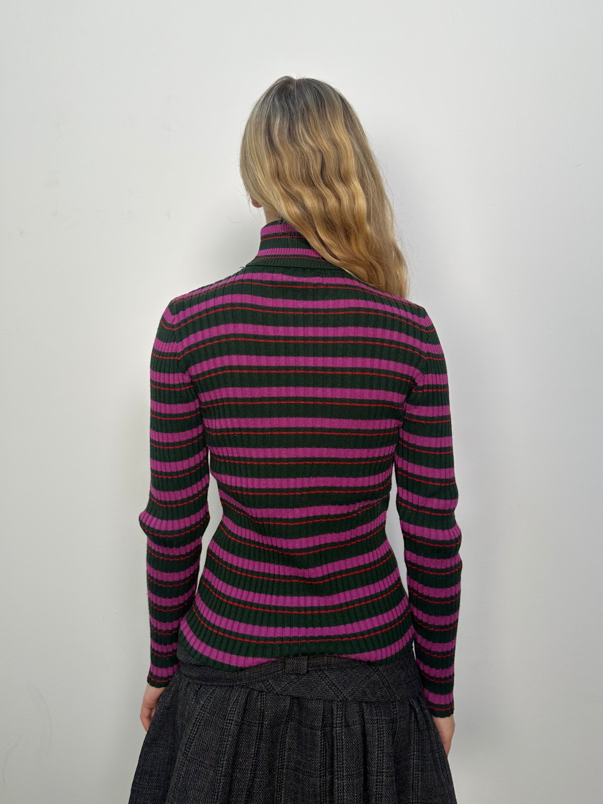 Pink & Khaki Stripe Ribbed Turtleneck - Size M