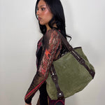Green Suede & Brown Leather Tote Bag