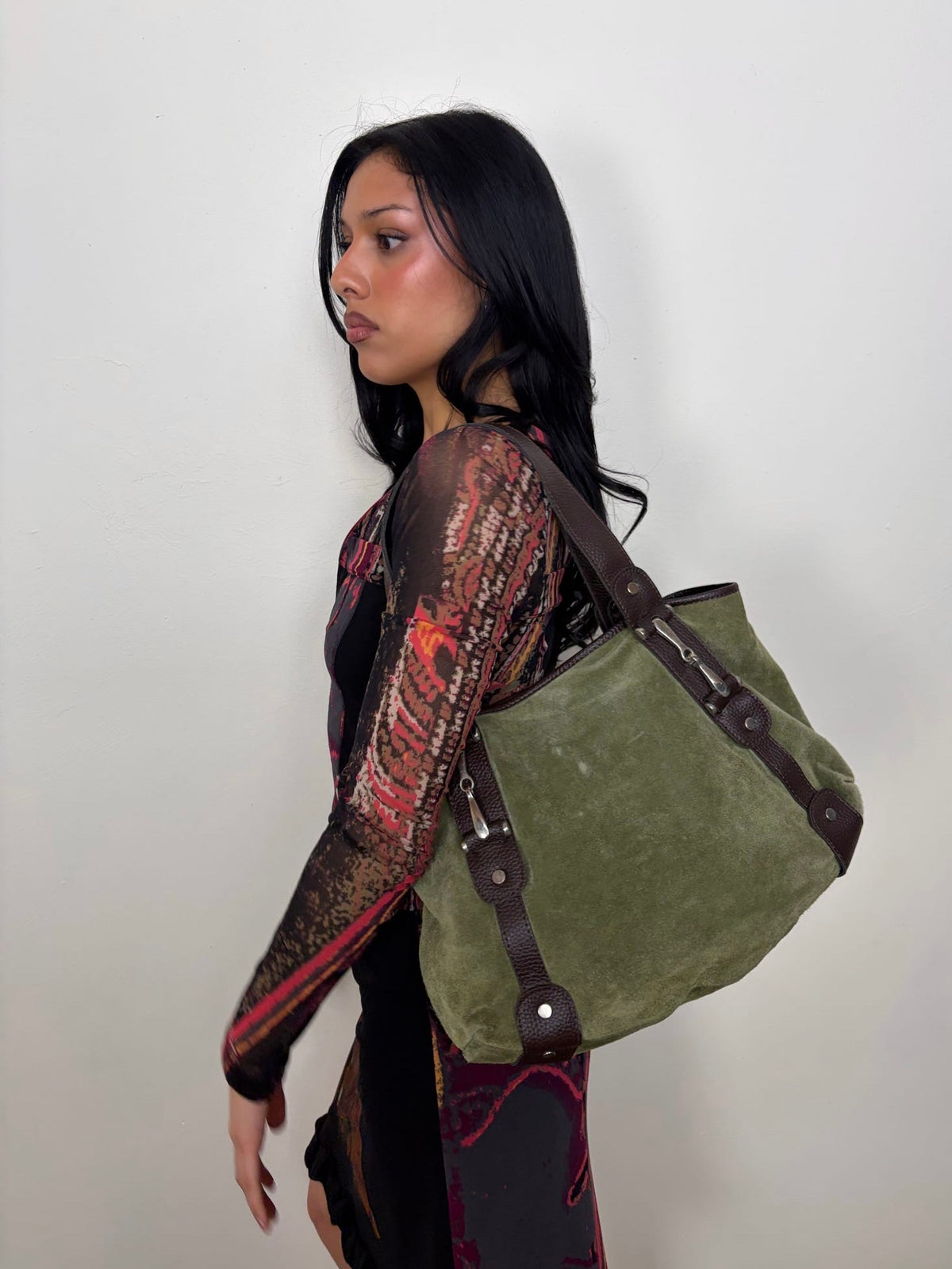 Green Suede & Brown Leather Tote Bag