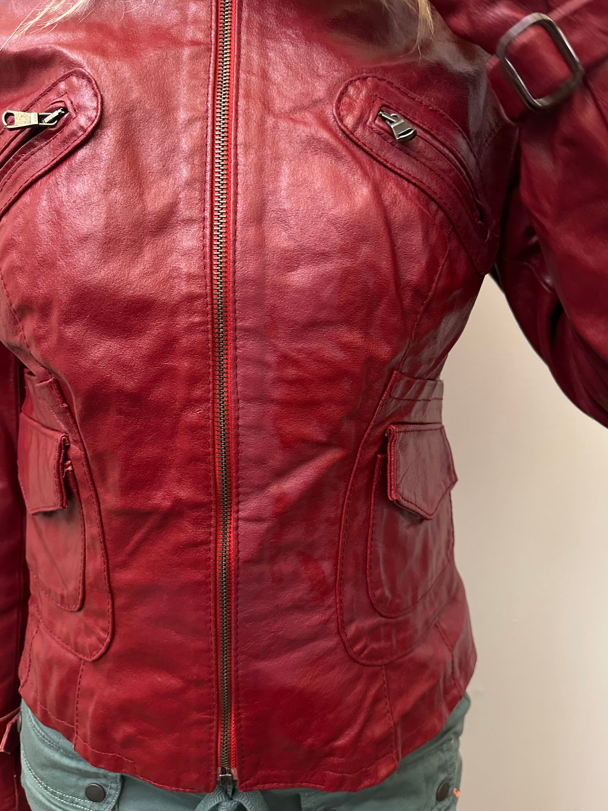 Red Leather Biker Style Jacket - Size M
