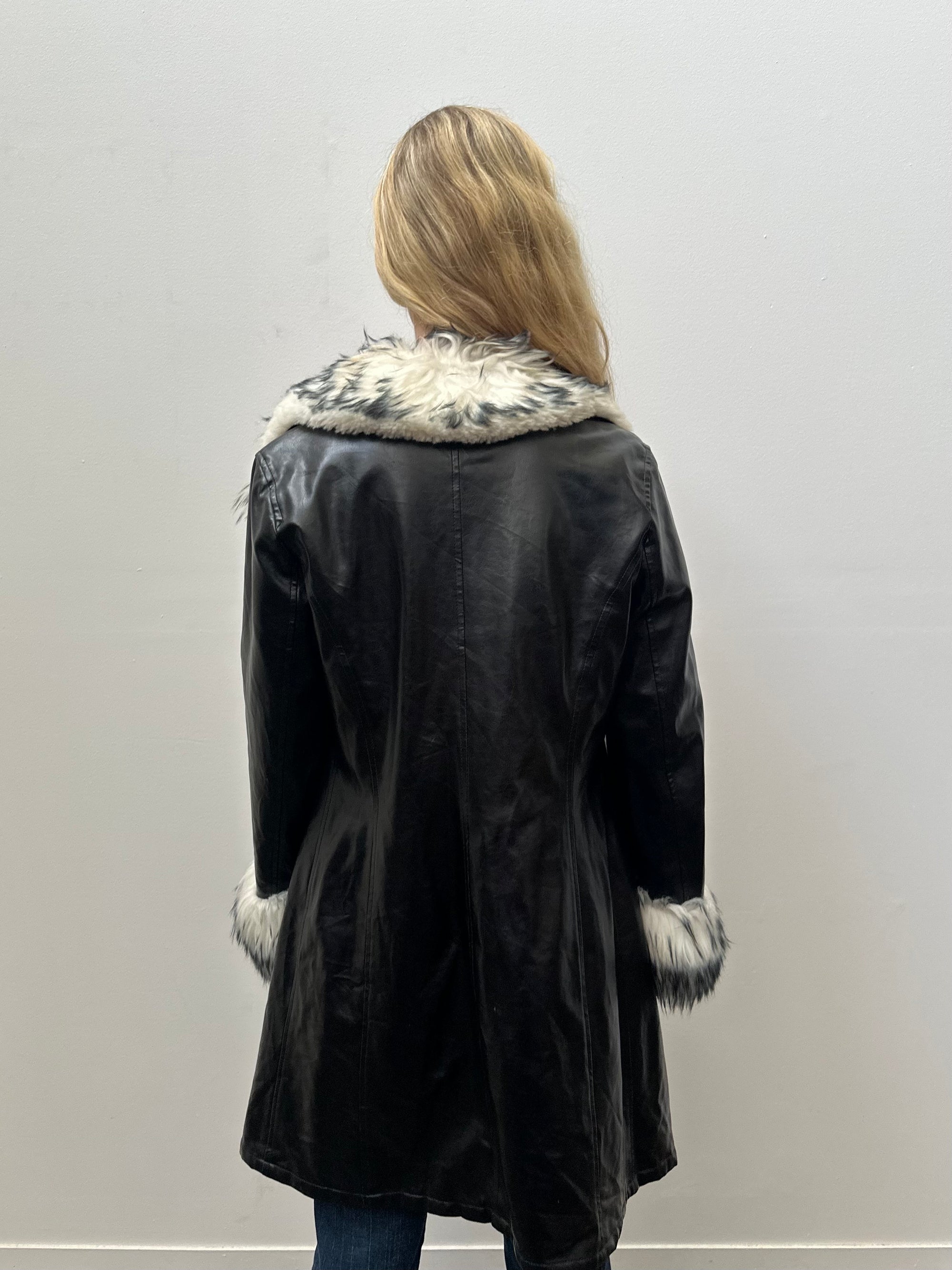 Black Pleather & White Faux Fur Coat - Size M