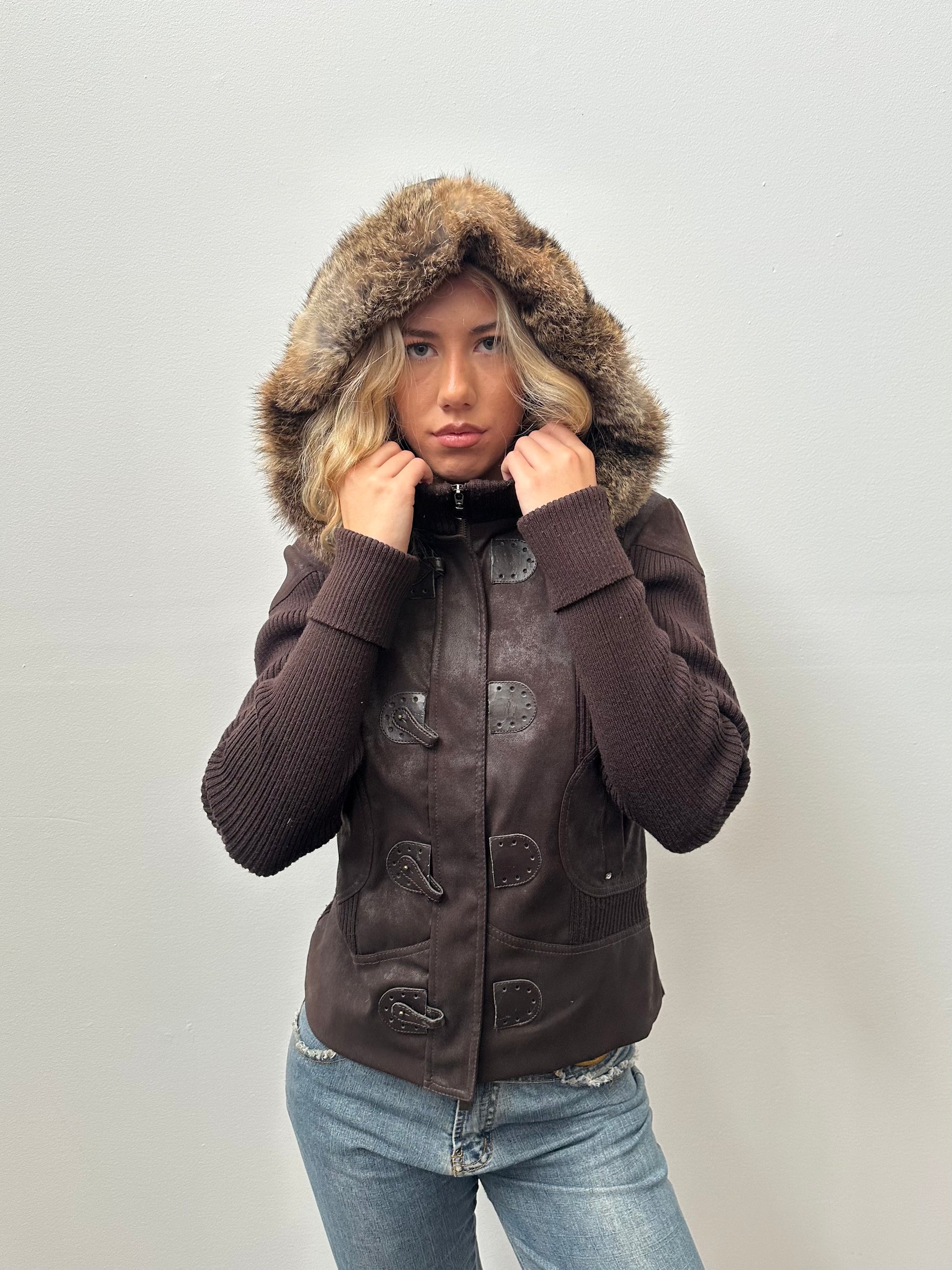 Chocolate Brown Faux Fur Hood Ribbed Jacket - Size S