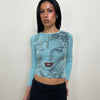 Turquoise Blue Graphic Long Sleeve Top - Size M