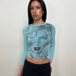Turquoise Blue Graphic Long Sleeve Top - Size M