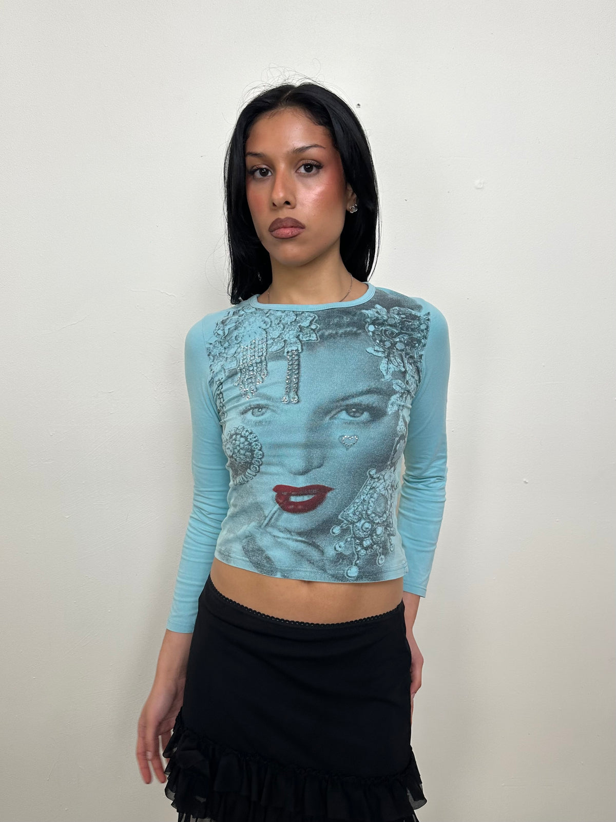 Turquoise Blue Graphic Long Sleeve Top - Size M