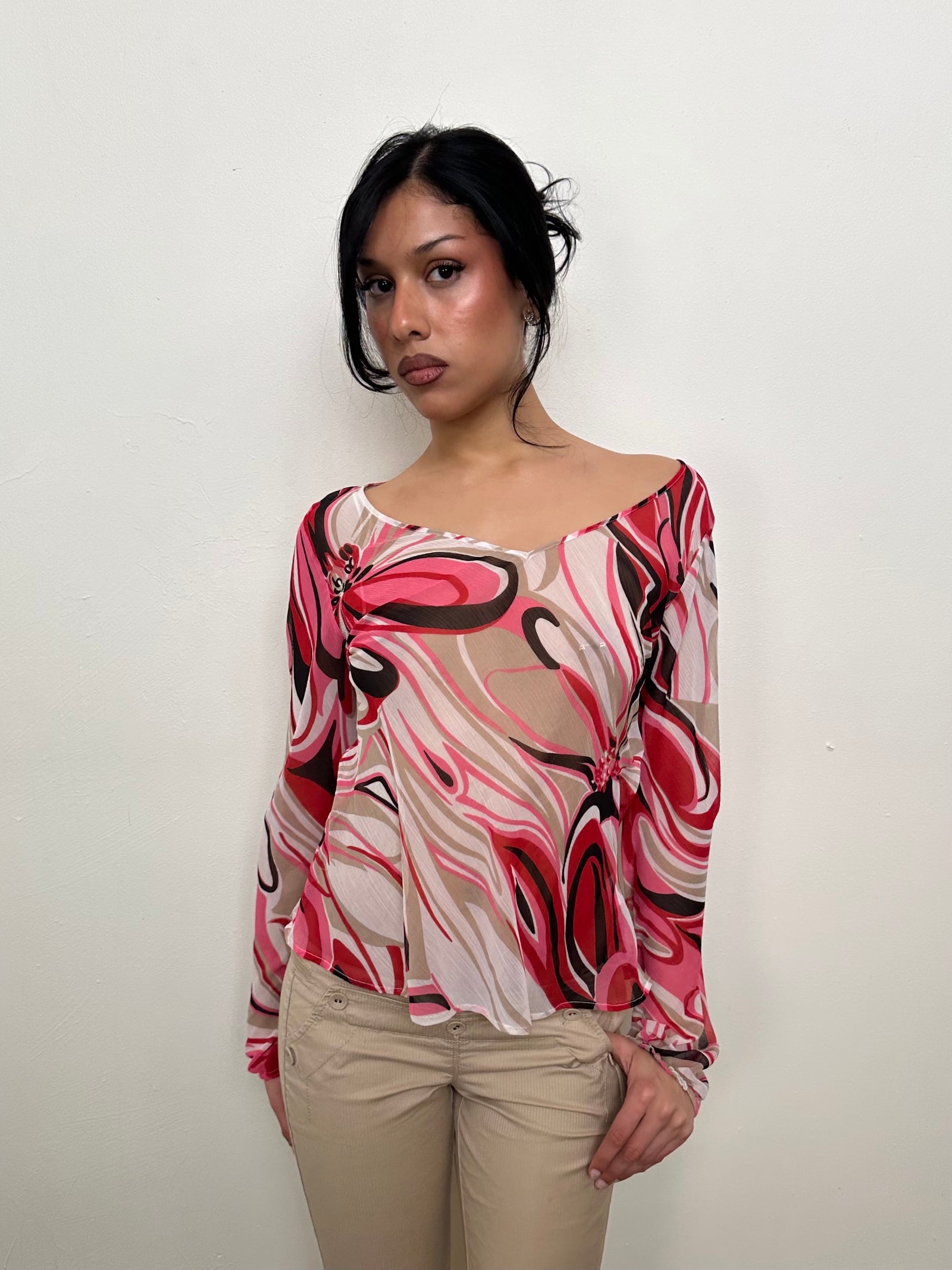 Pink Abstract Swirl Pattern Sheer Blouse - Size 14