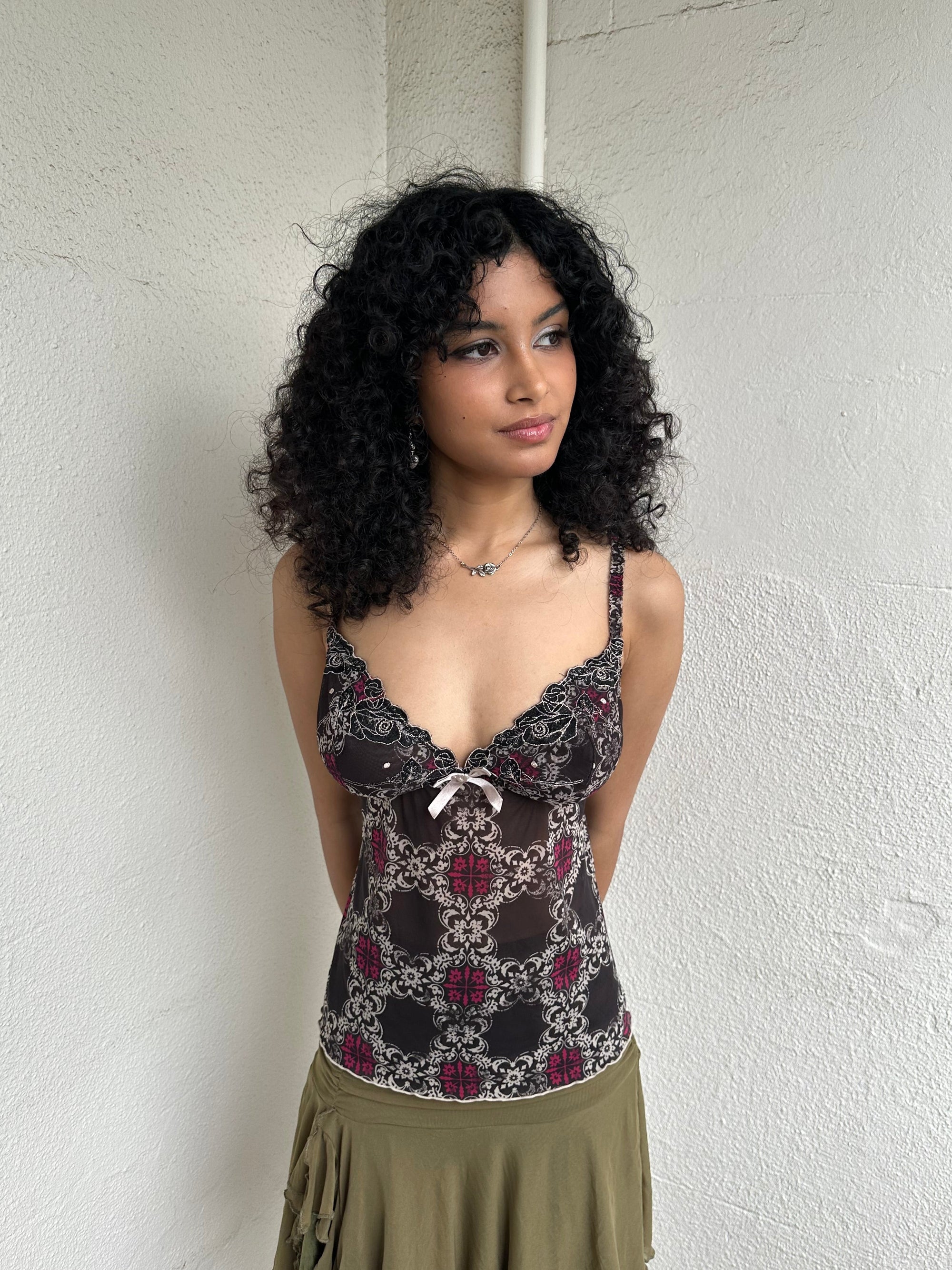 Black Mesh Ornate Pattern Cami - Size XS