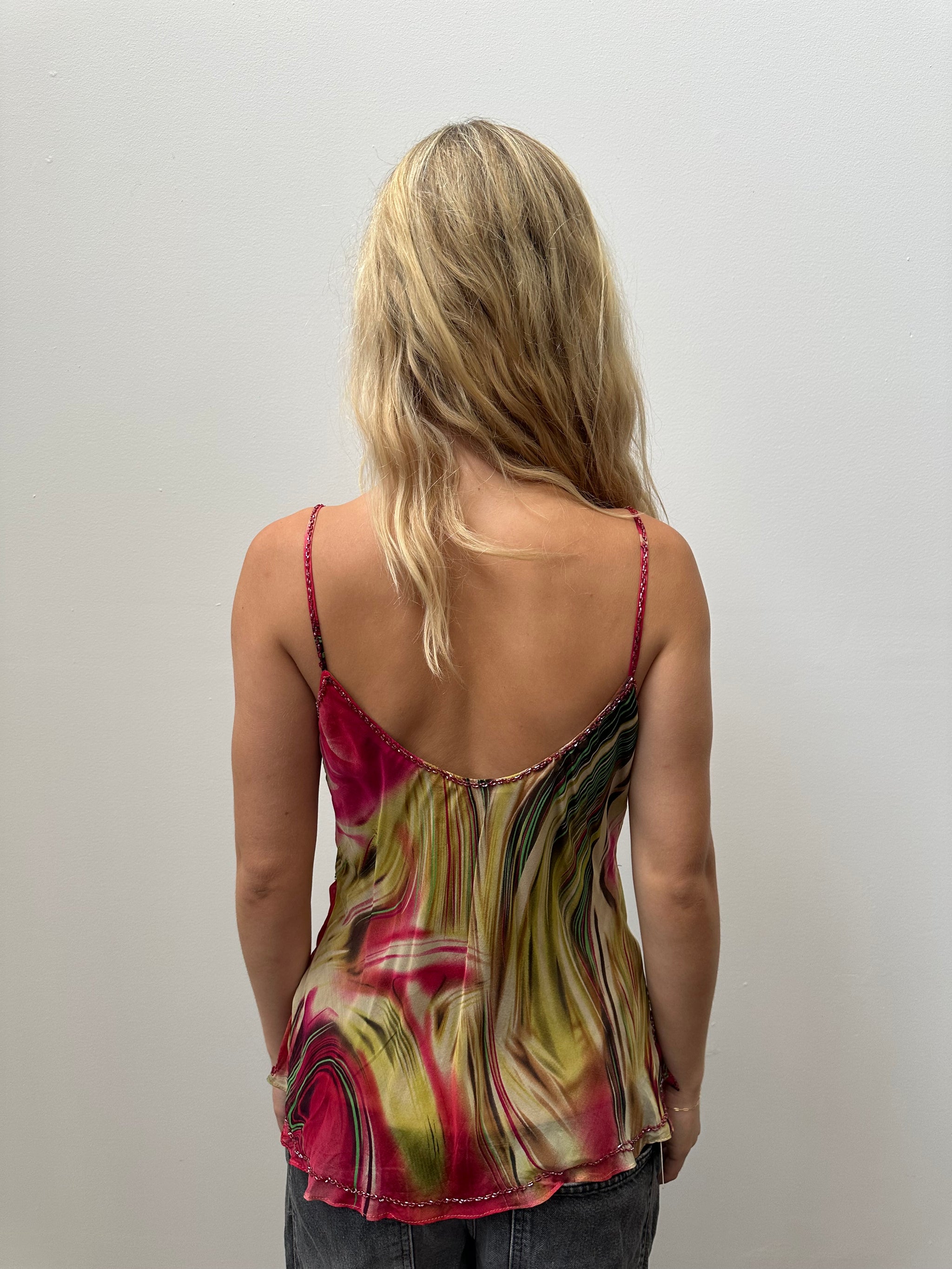 90s Green & Pink Beaded Silk Cami Top - Size M