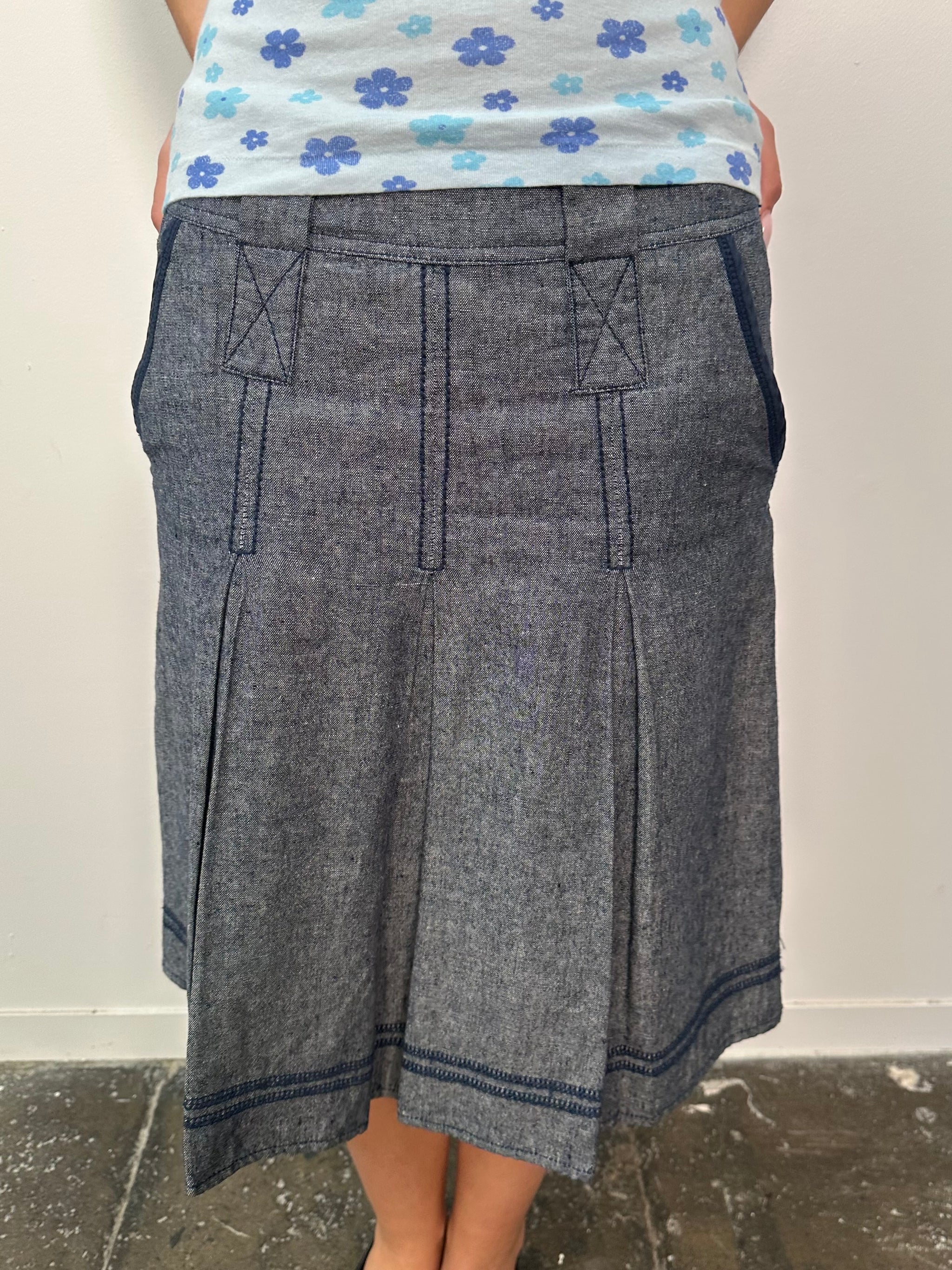 Grey Blue Contrast Stitch Pleated Midi Skirt - Size M