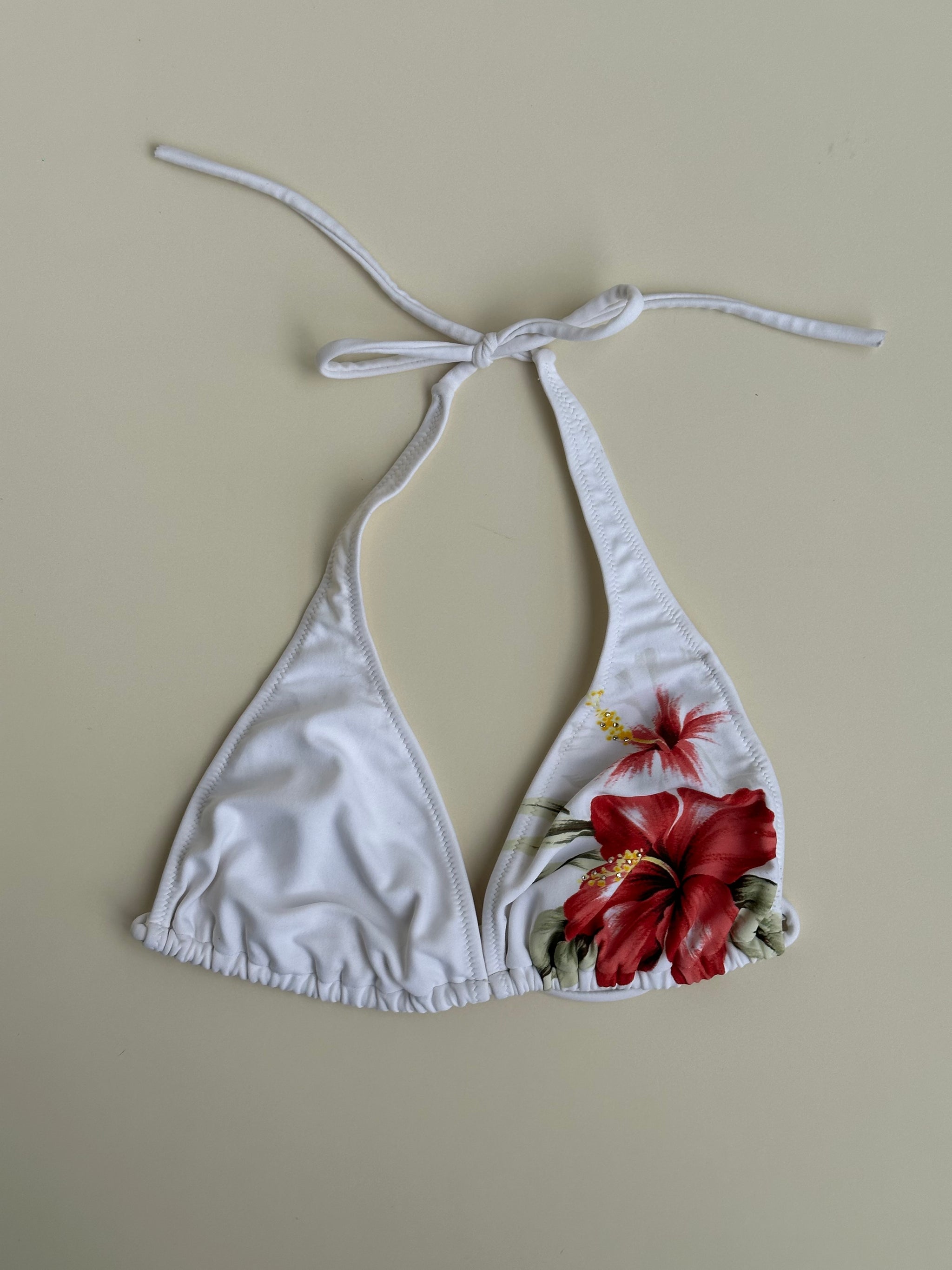 Pink Hibiscus Flower White Bikini Top - Size S/M