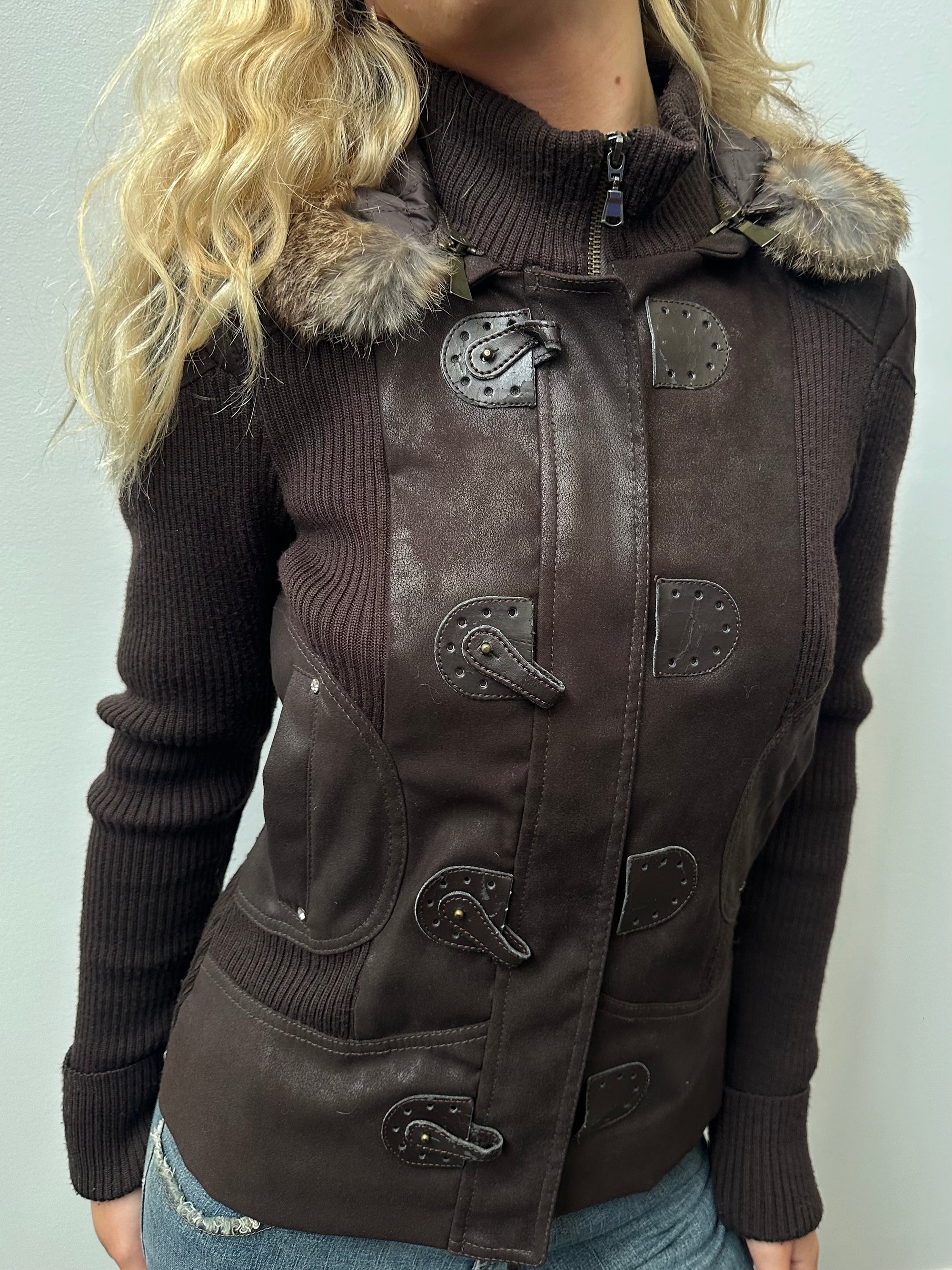 Chocolate Brown Faux Fur Hood Ribbed Jacket - Size S