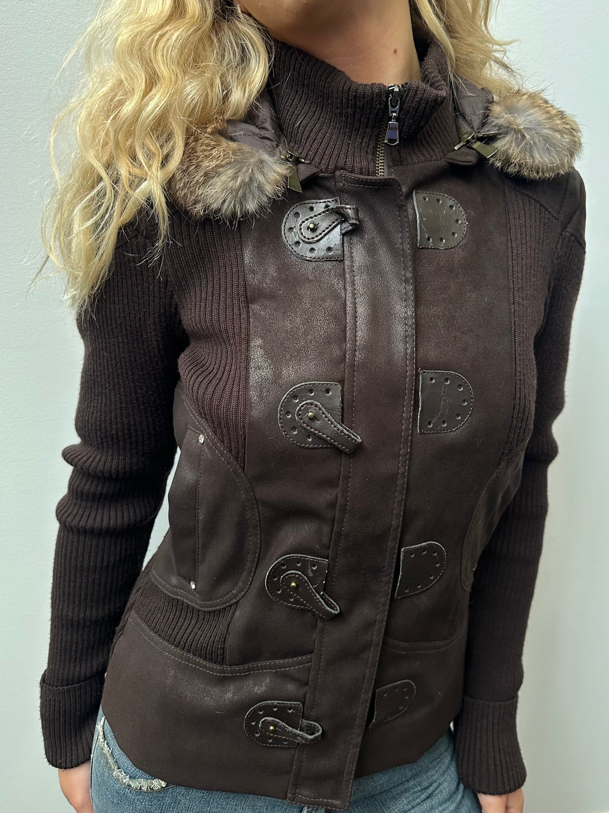 Chocolate Brown Faux Fur Hood Ribbed Jacket - Size S