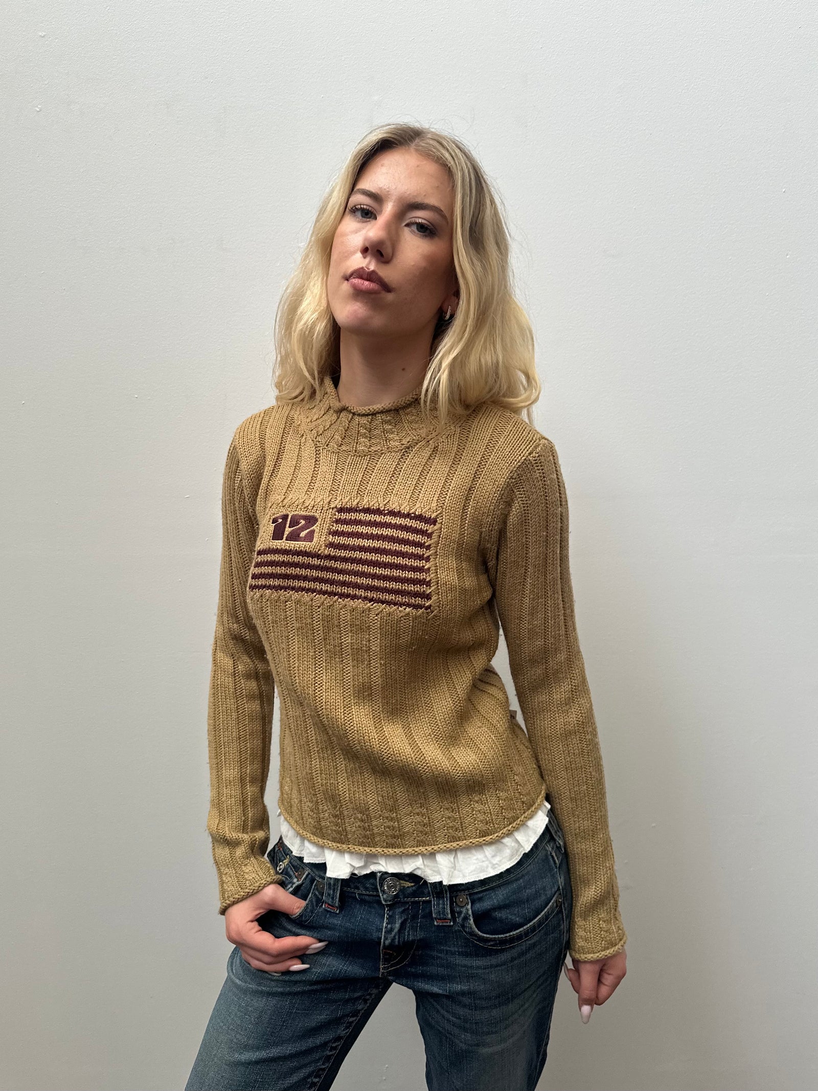 Flag Design Tan Ribbed Jumper - Size M