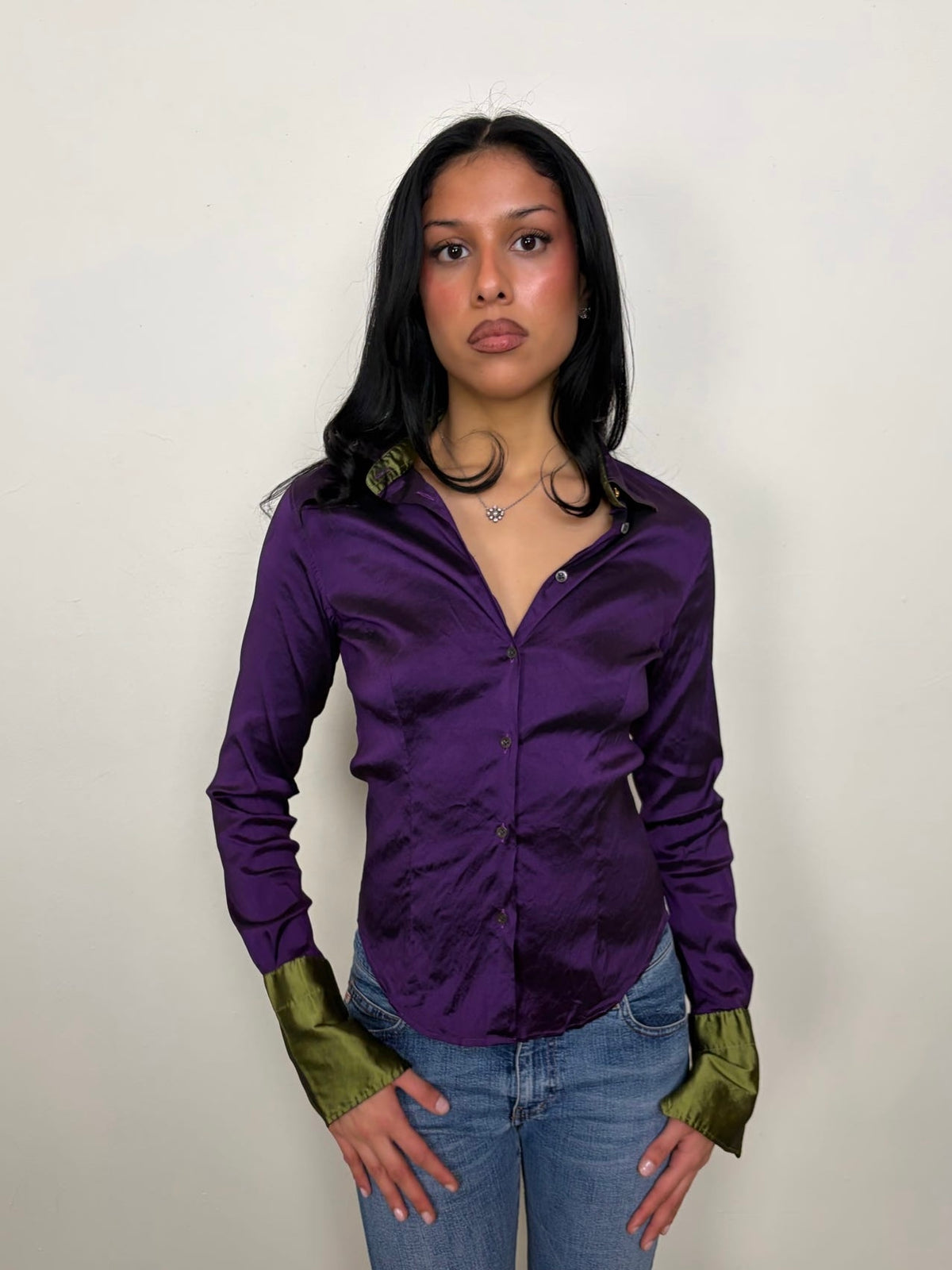 Deep Purple & Olive Green Satin Shirt - Size S