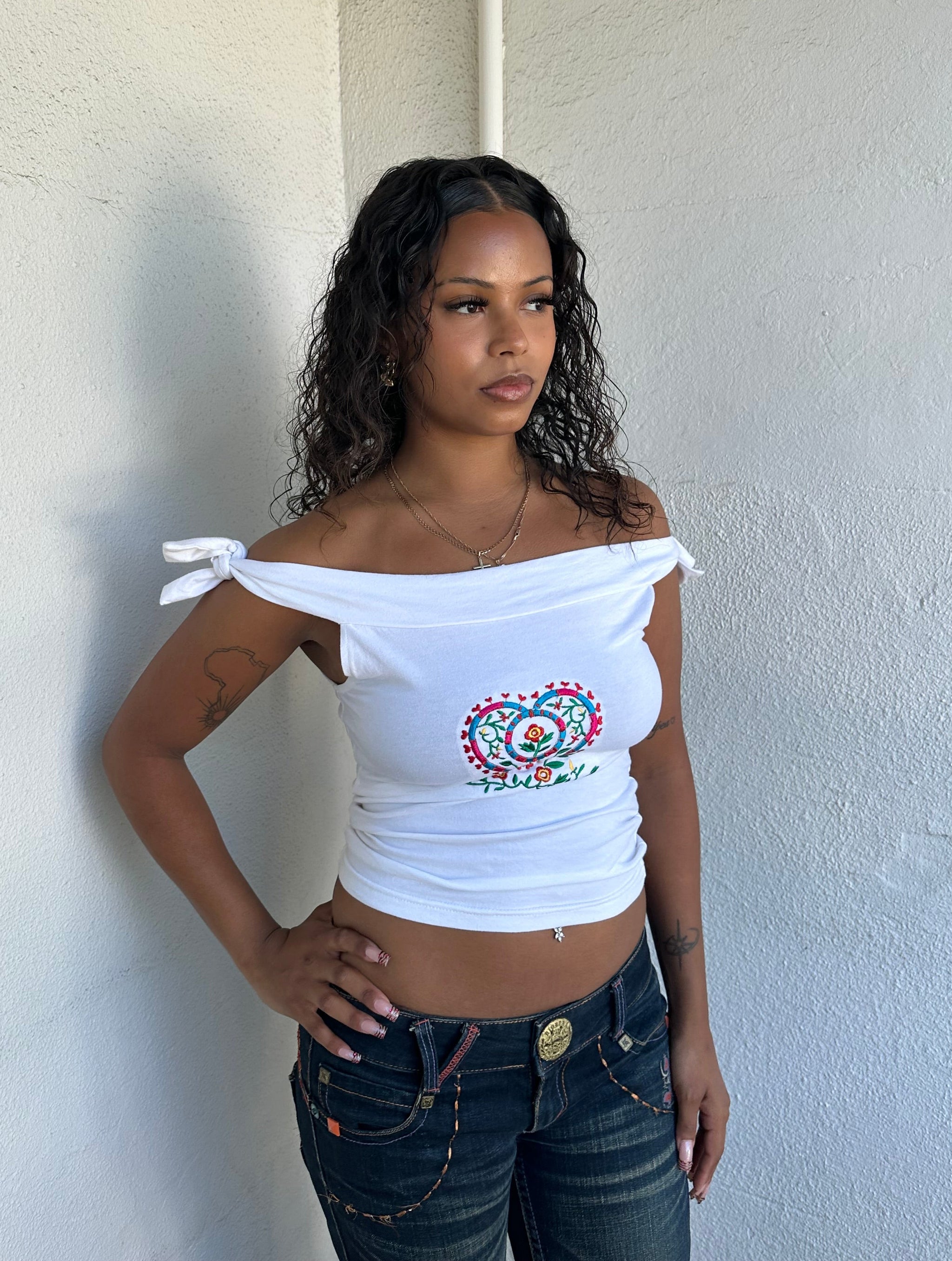 Embroidered White Tie Off The Shoulder Top - Size S