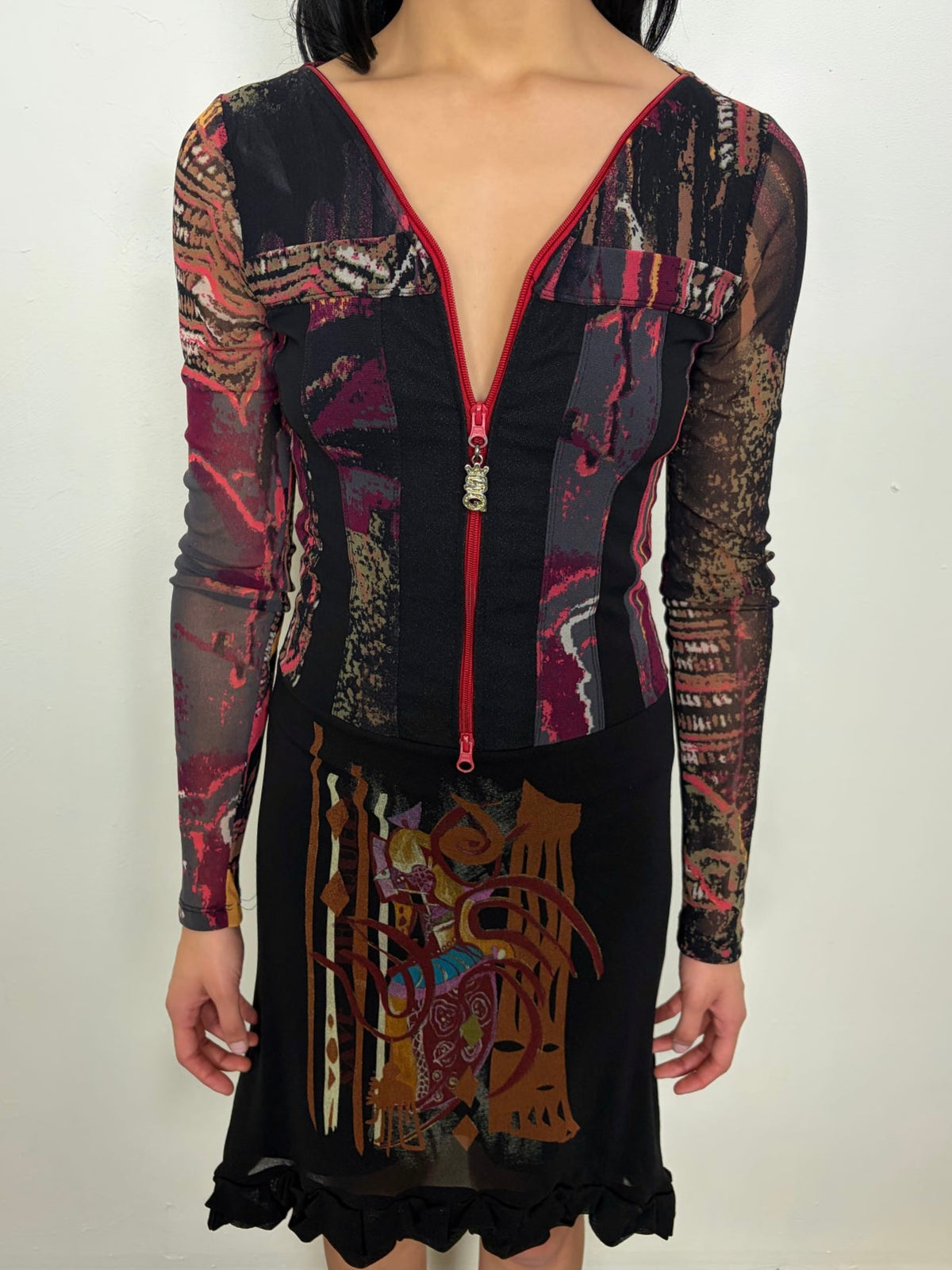 Save The Queen Black & Multicoloured Printed Mesh Dress - Size M