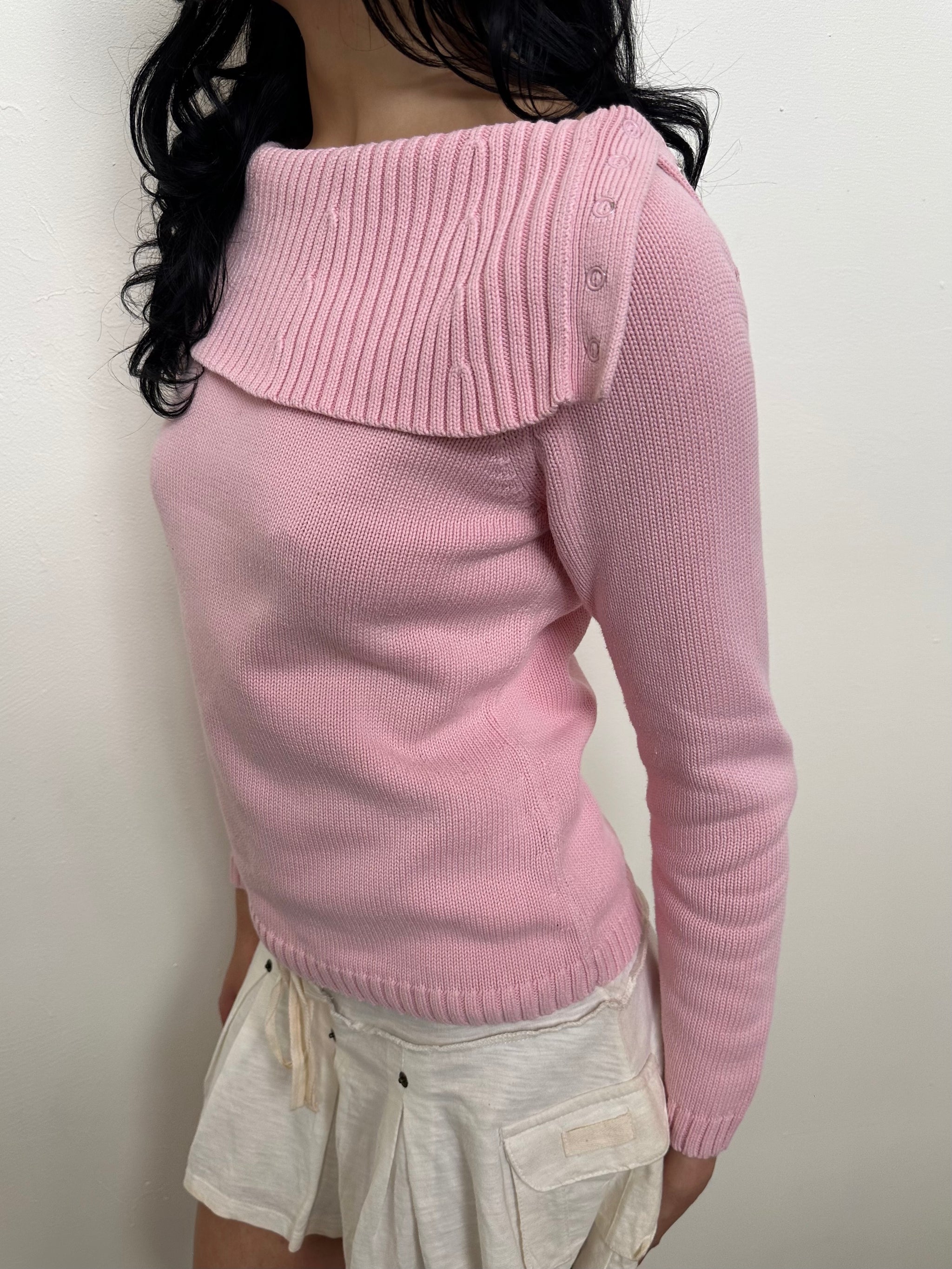 Baby Pink Asymmetric Collar Ribbed Jumper - Size S