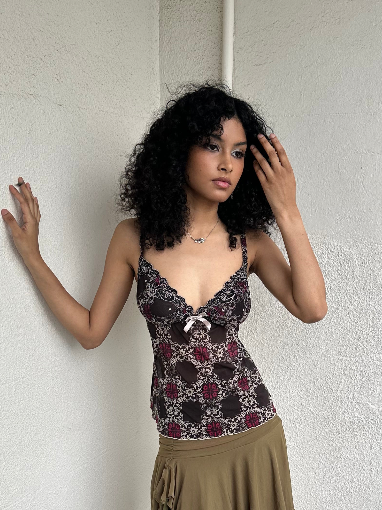 Black Mesh Ornate Pattern Cami - Size XS